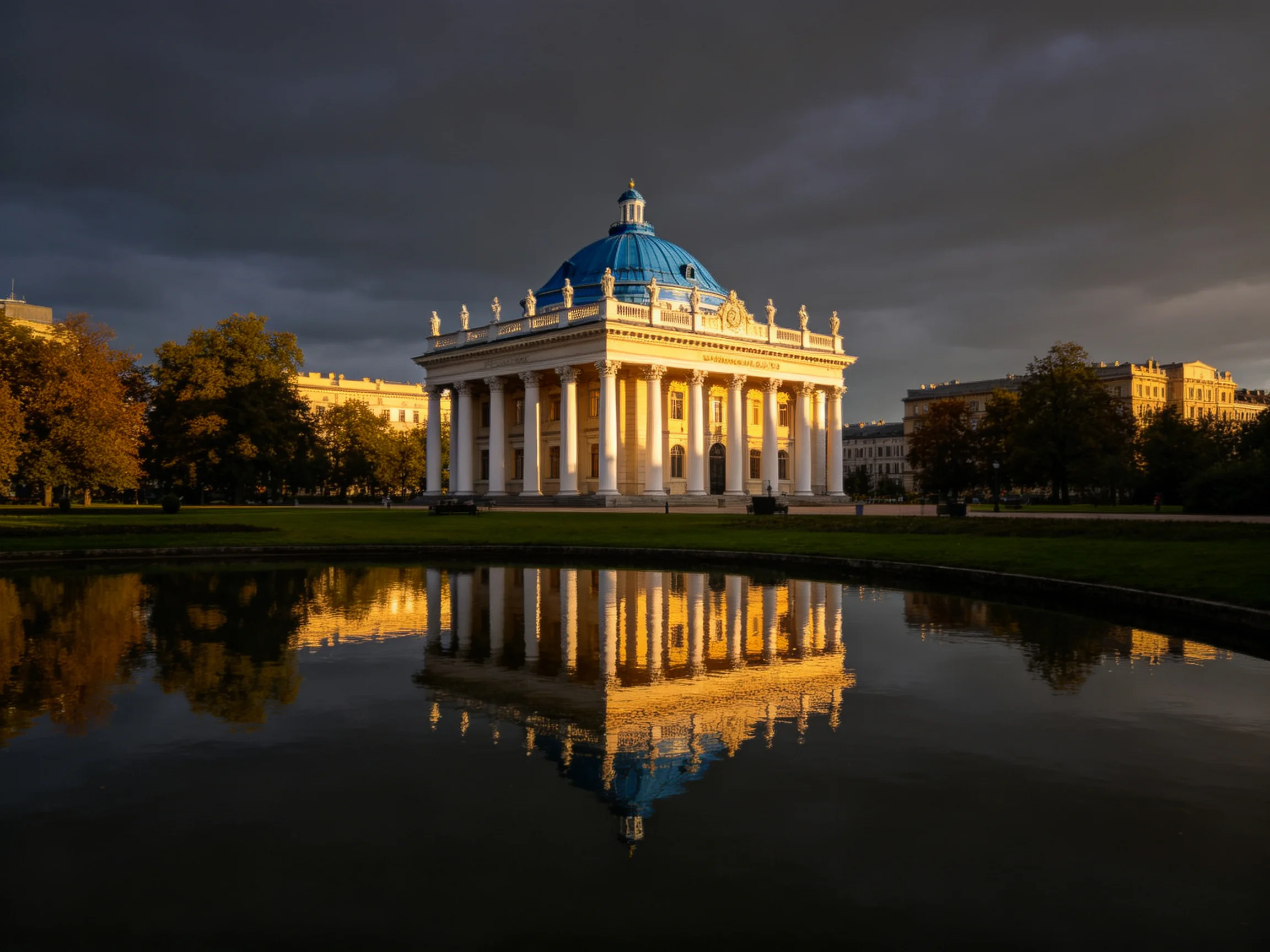 A neoclassical temple with a blue dome reflects in calm water