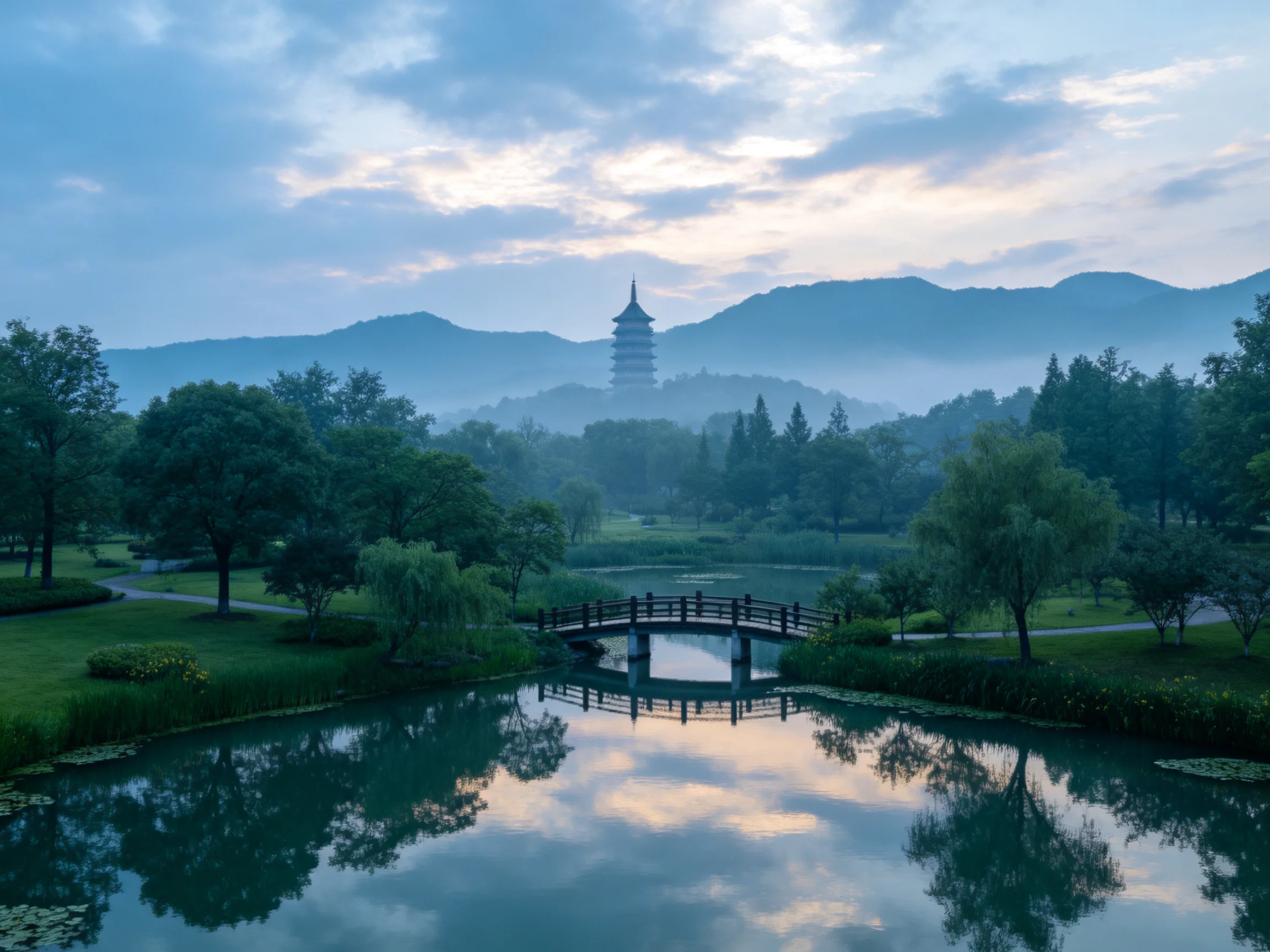 A pagoda tower overlooks misty mountains near a wooden bridge