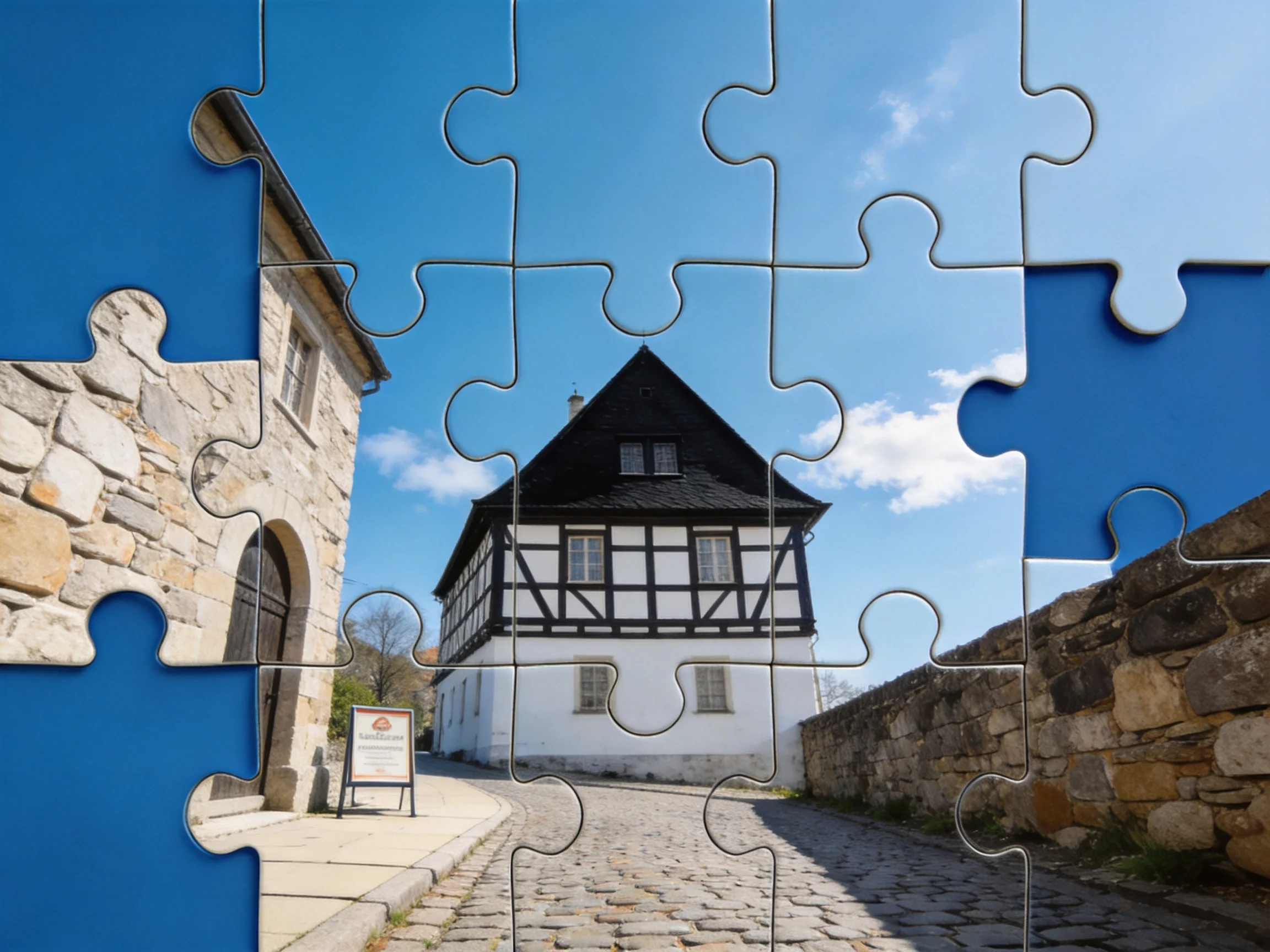 A partially assembled jigsaw of historic timber-framed and stone buildings