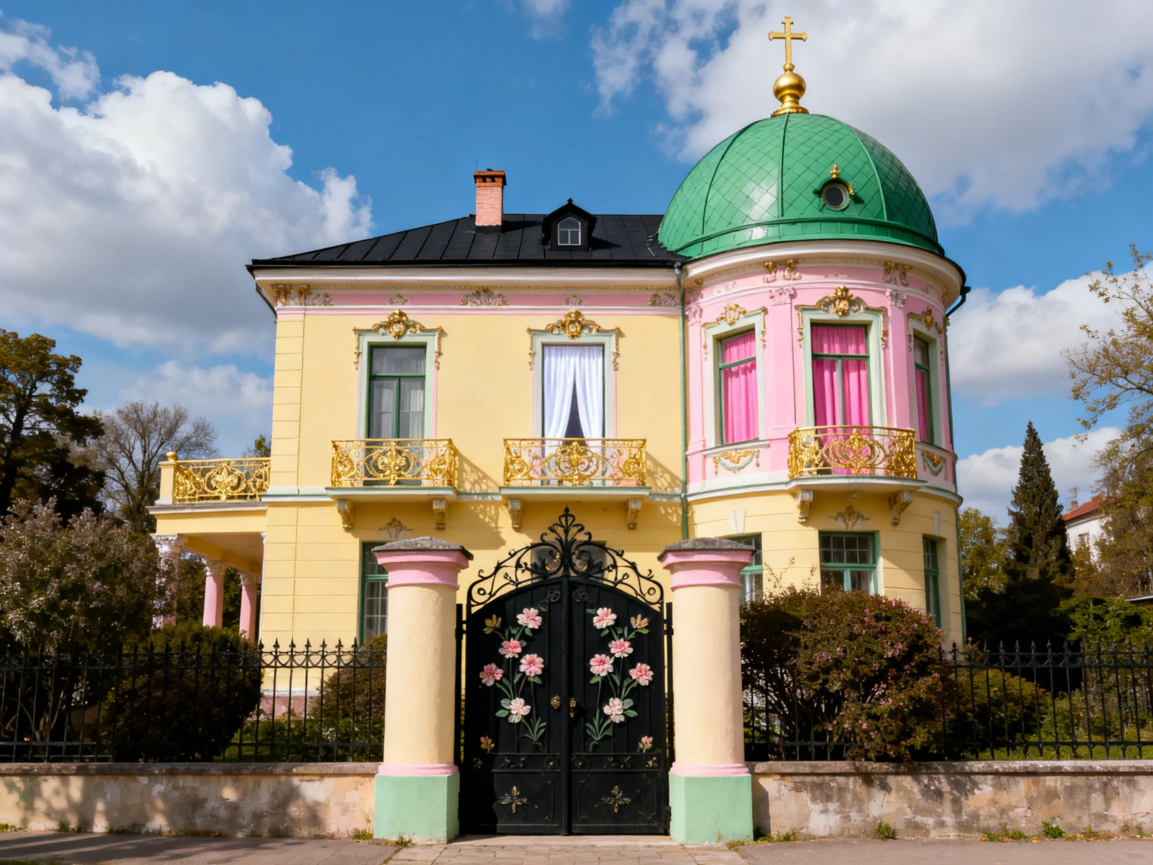 A pastel-colored mansion with a green dome and golden railings
