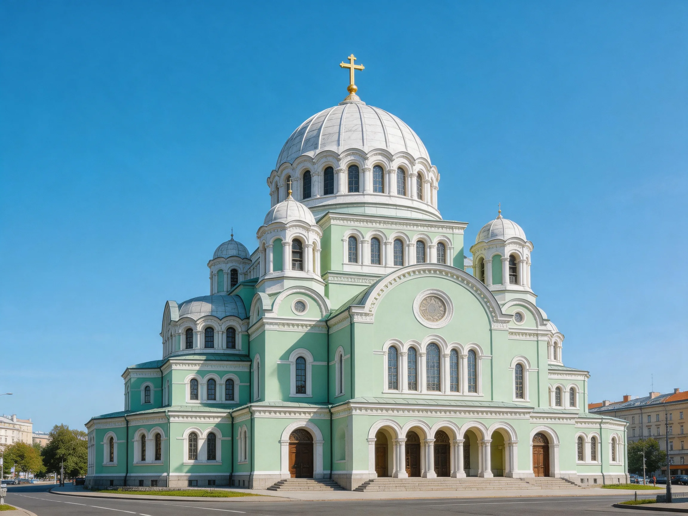 A pastel-green Russian Orthodox cathedral with silver domes