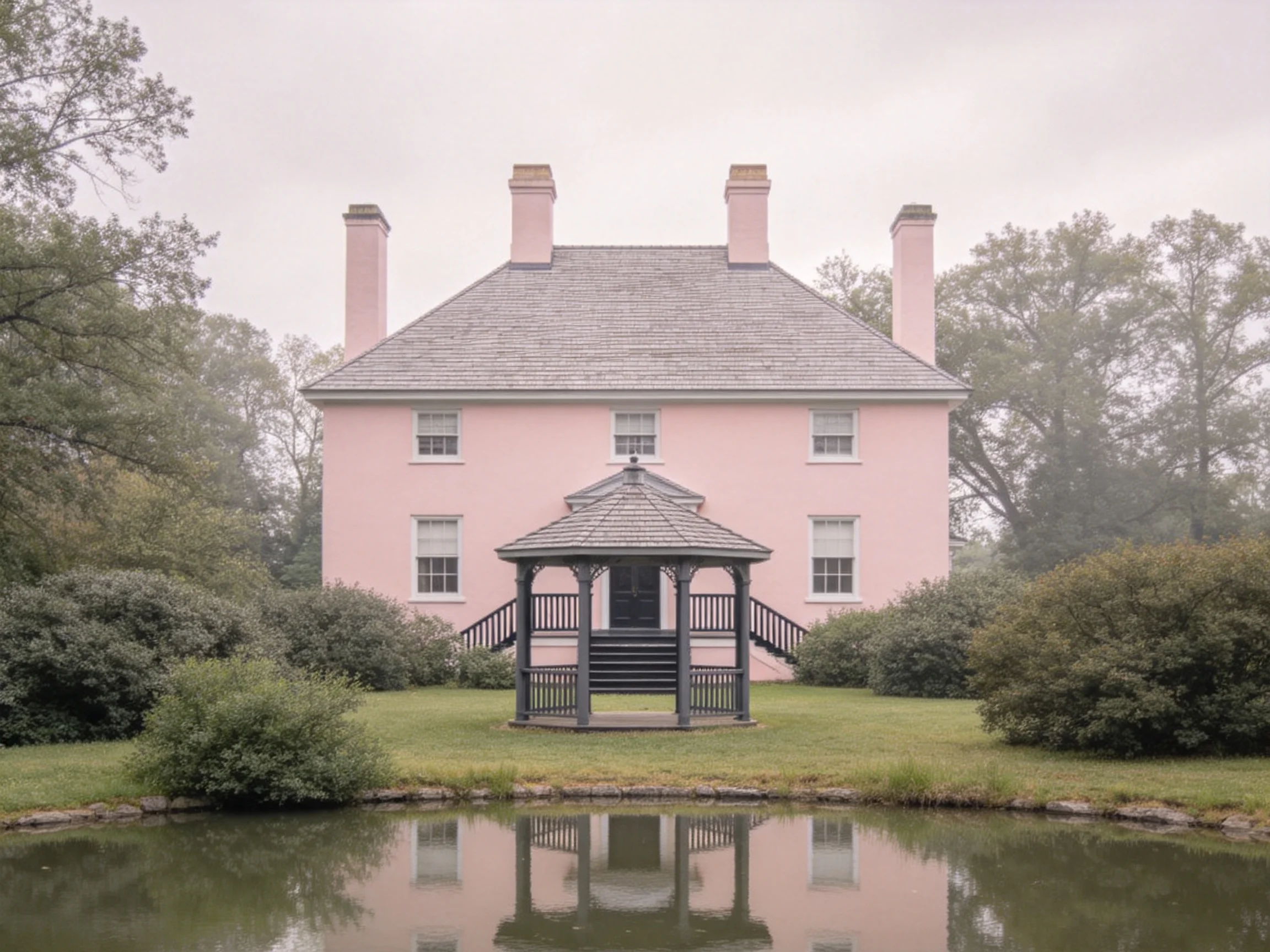 A pastel pink colonial house with a gazebo near a reflective pond