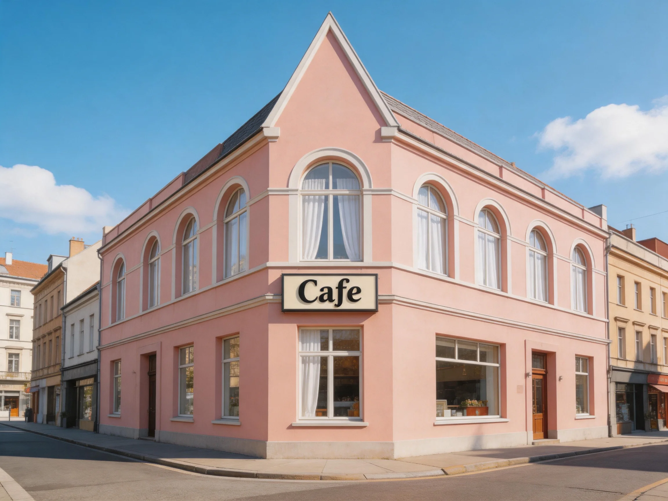 A pastel pink two-story corner cafe with arched windows