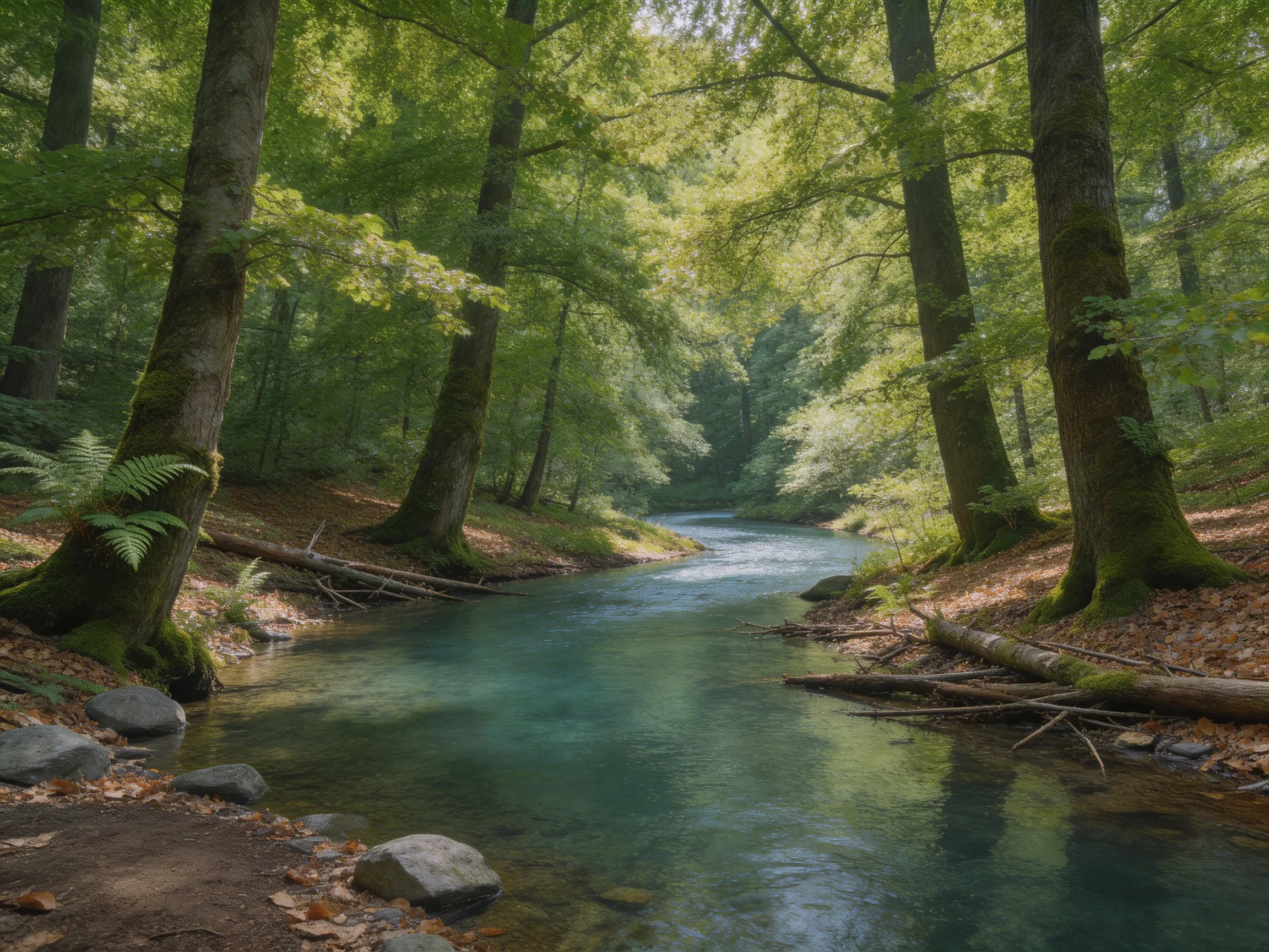 A peaceful forest stream surrounded by tall moss-covered trees