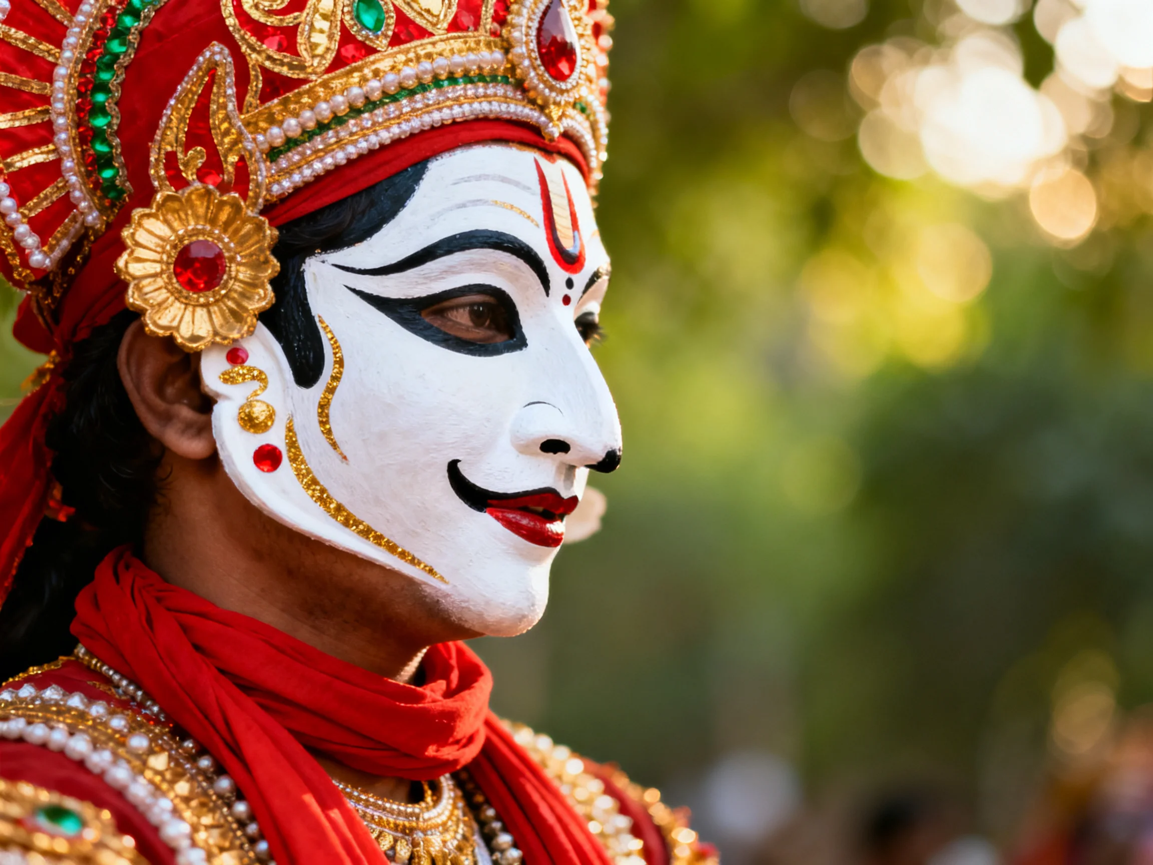 A performer in ornate red and gold attire wearing a white theatrical mask