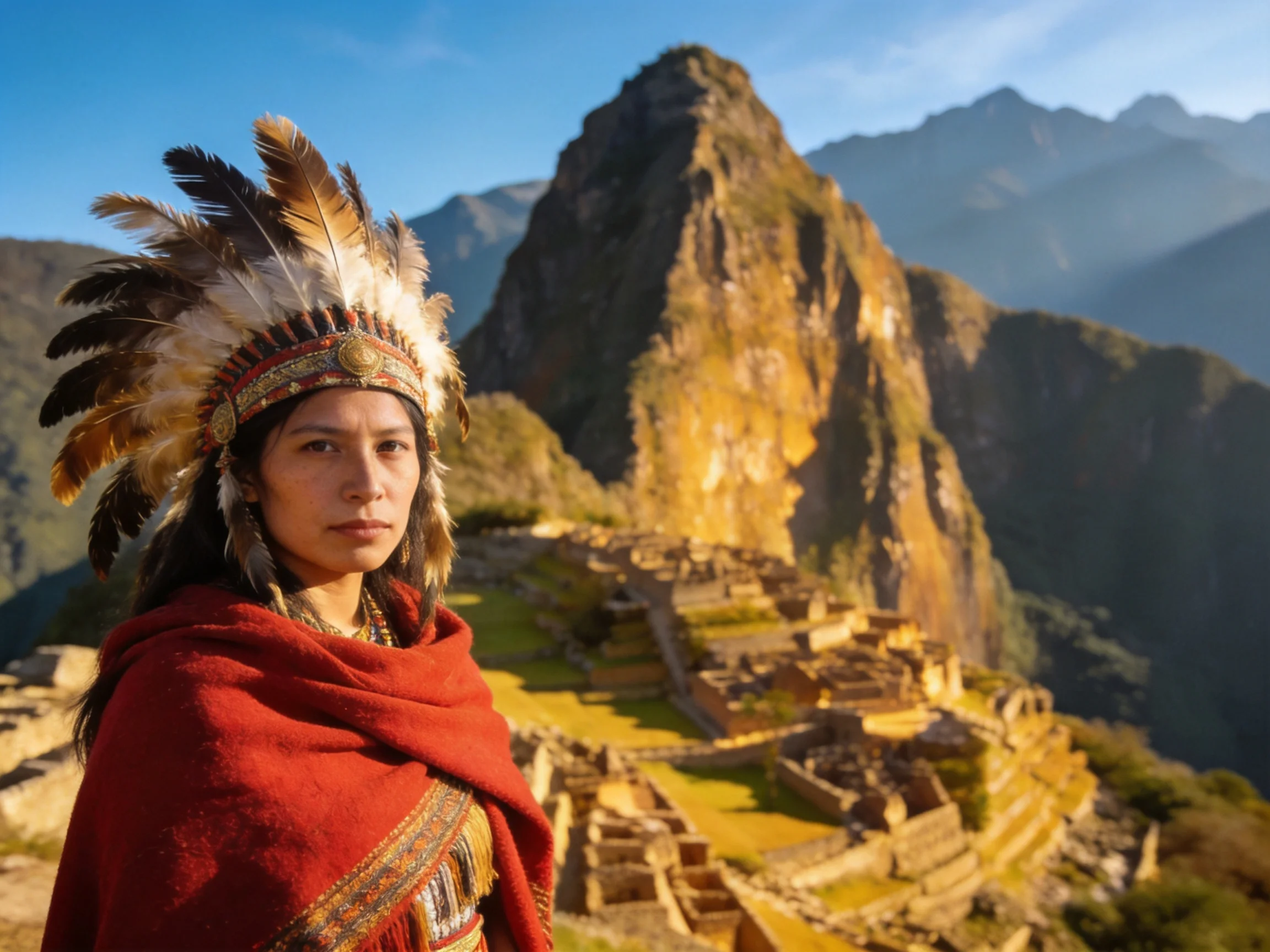 A person in traditional attire near ancient ruins and mountains