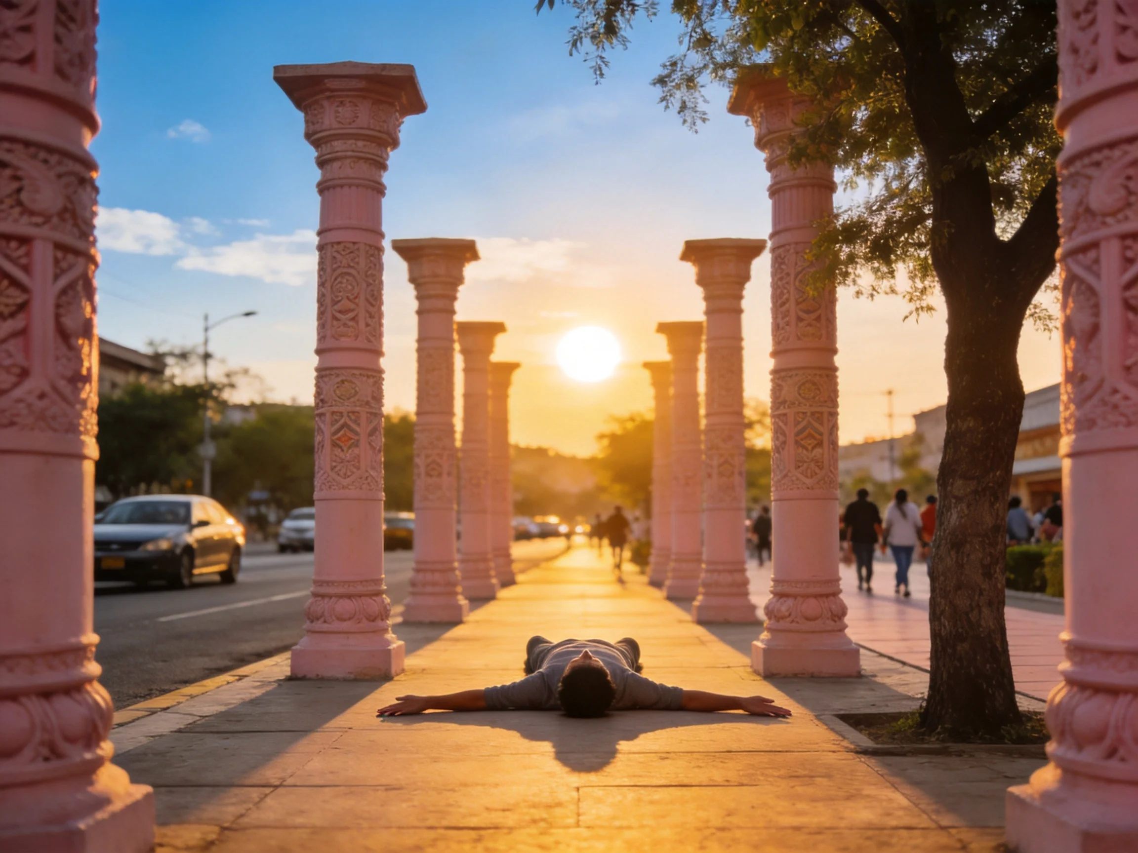 A person lies amid pink columns under golden sunset light