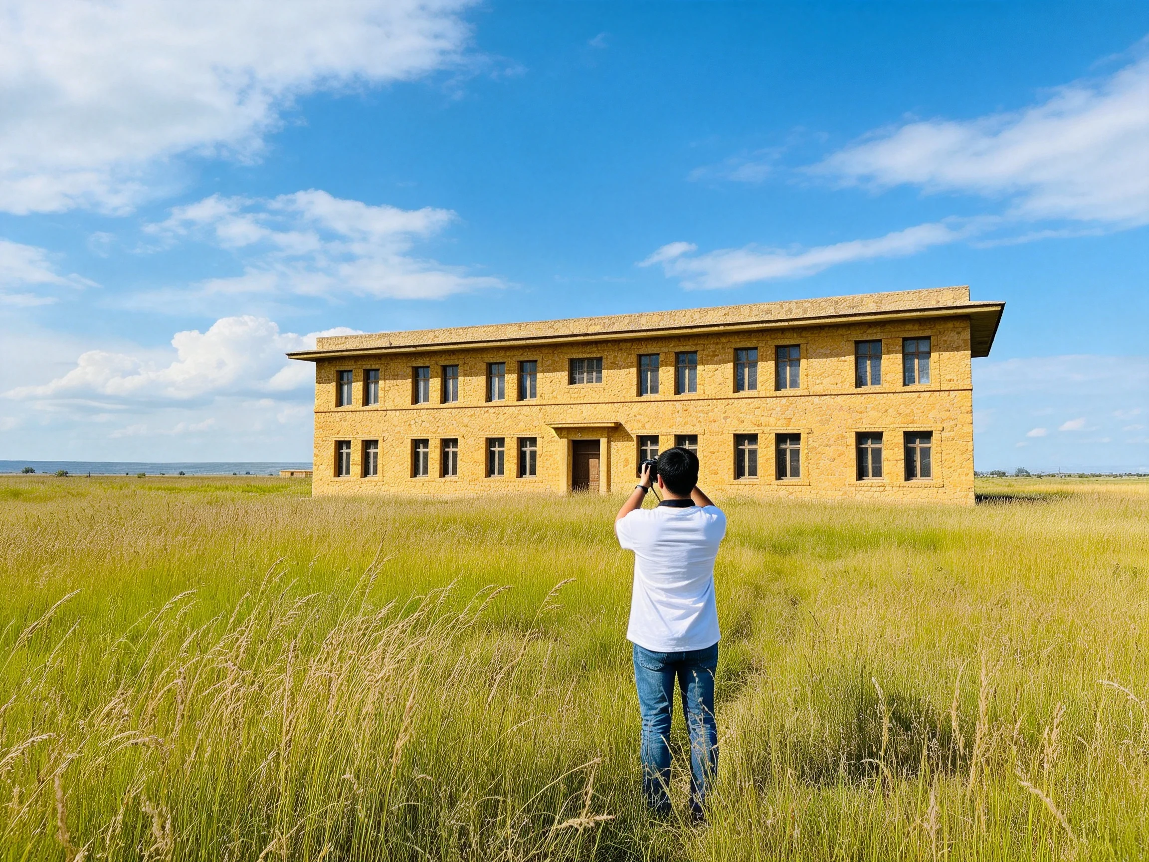 A person photographing a large yellow building amid tall grass