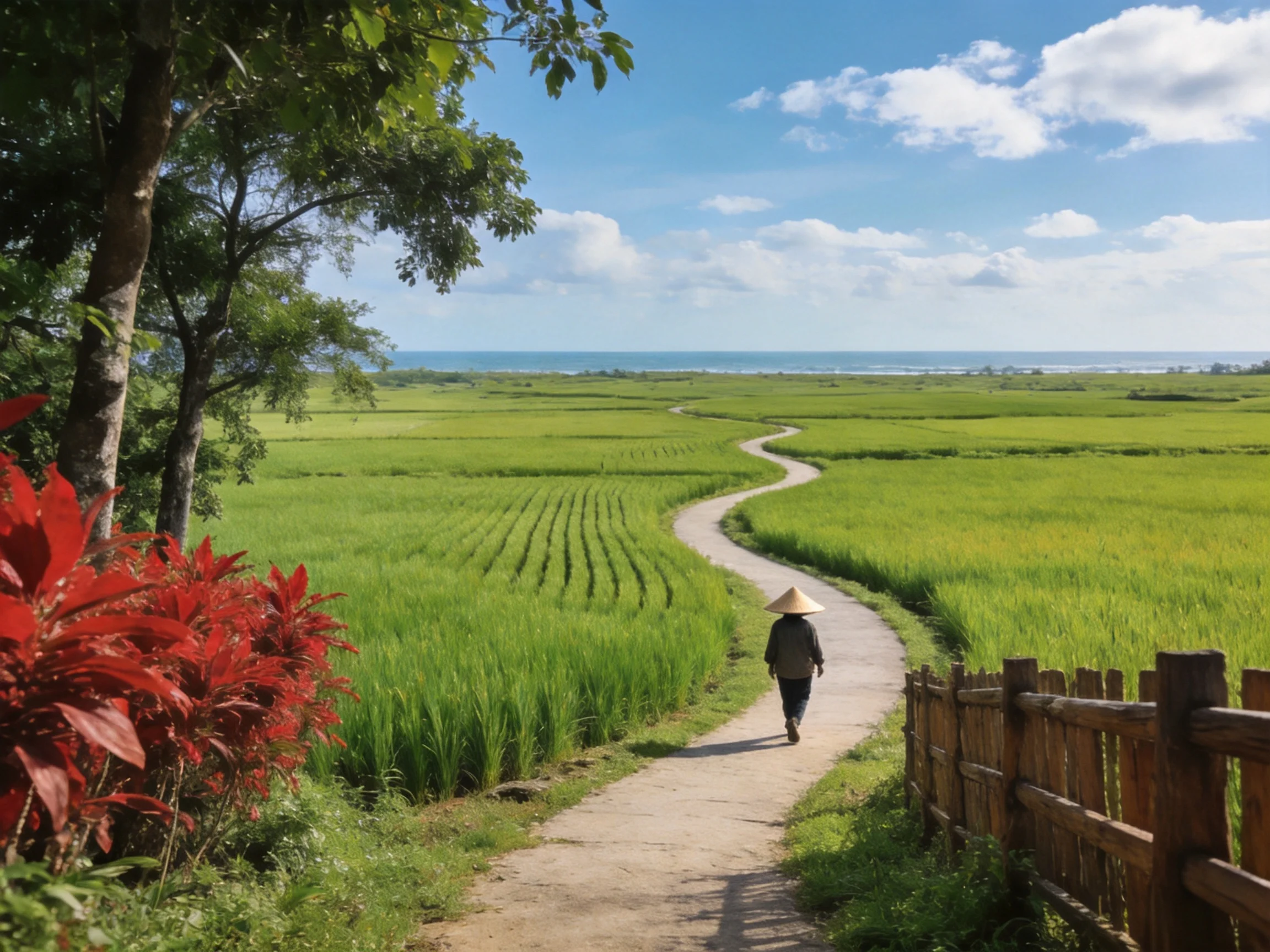 A person walks a winding path through green fields toward a distant sea