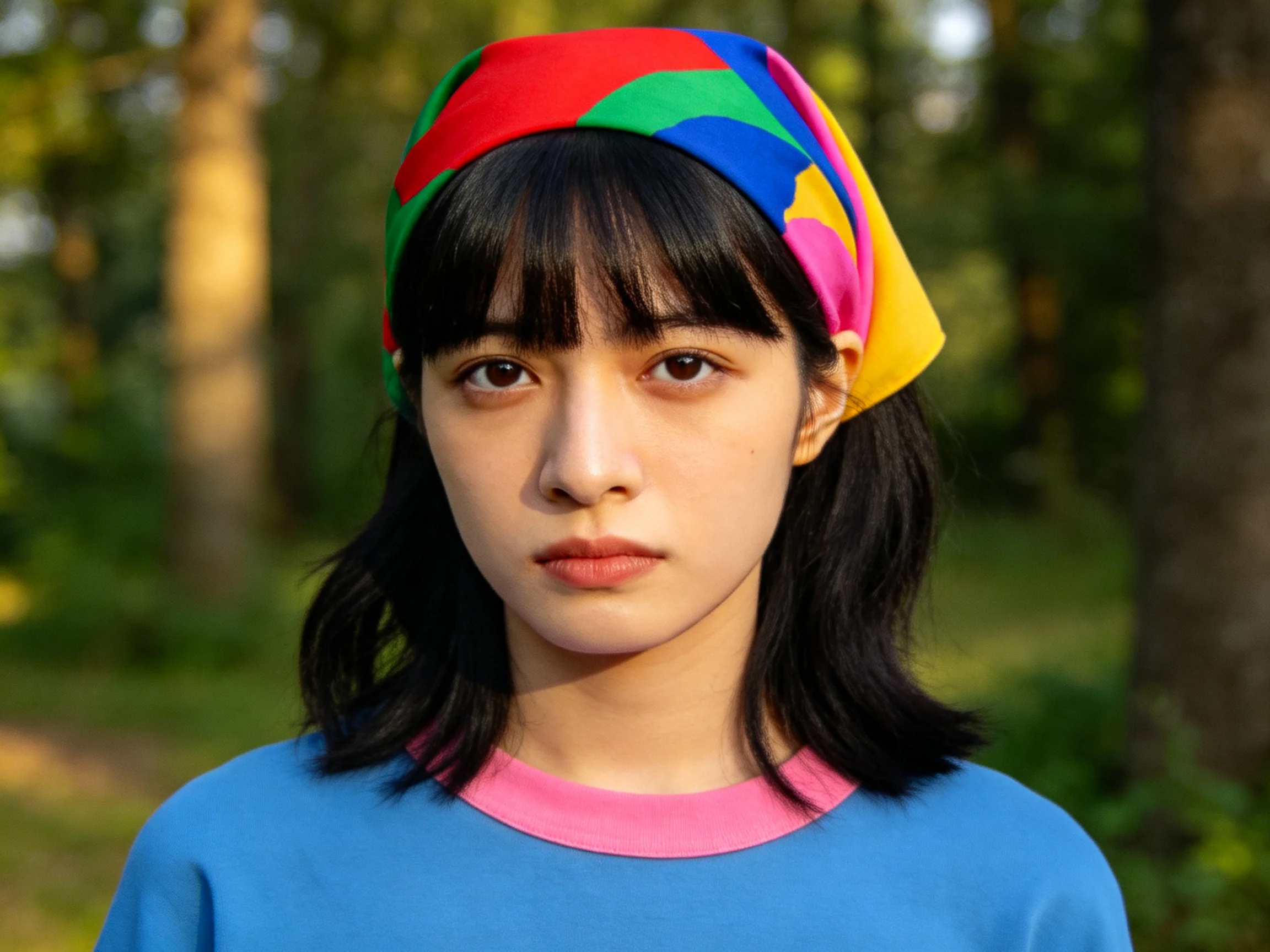 A person wearing a colorful headscarf and blue top outdoors