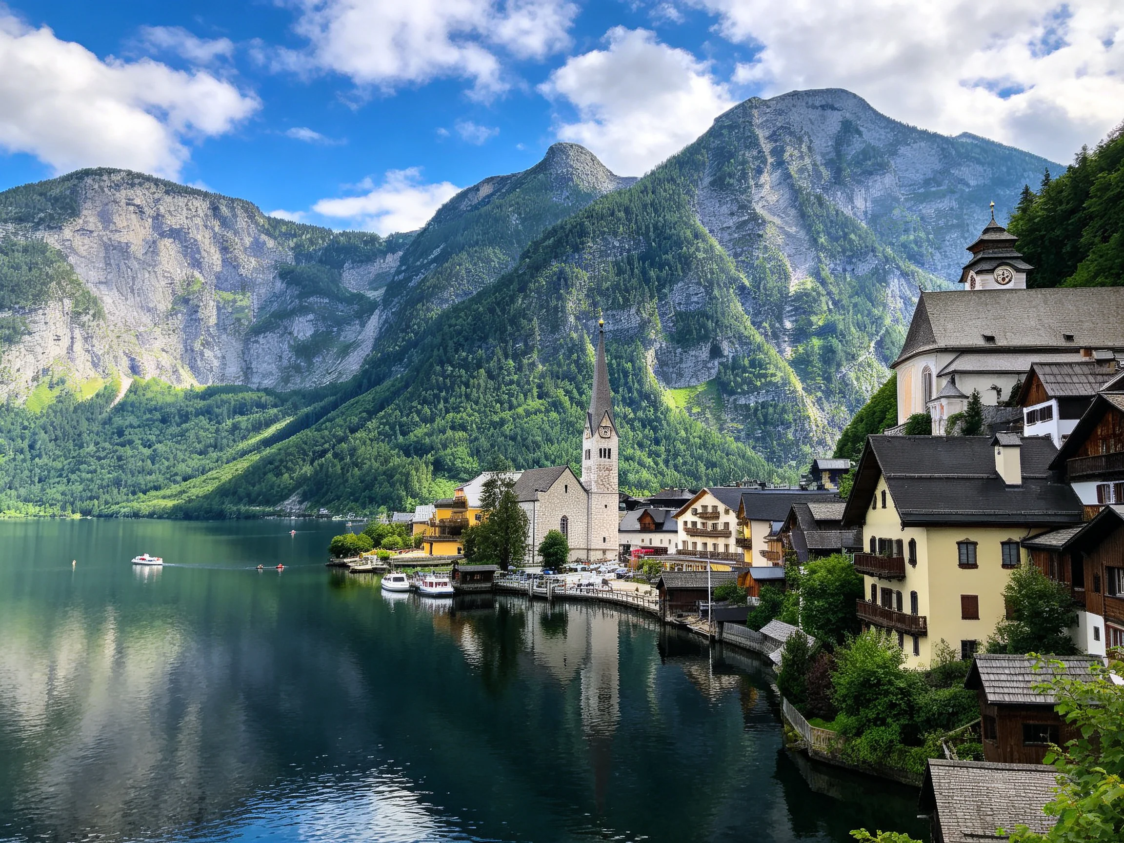 A picturesque lakeside village with traditional architecture near towering green mountains