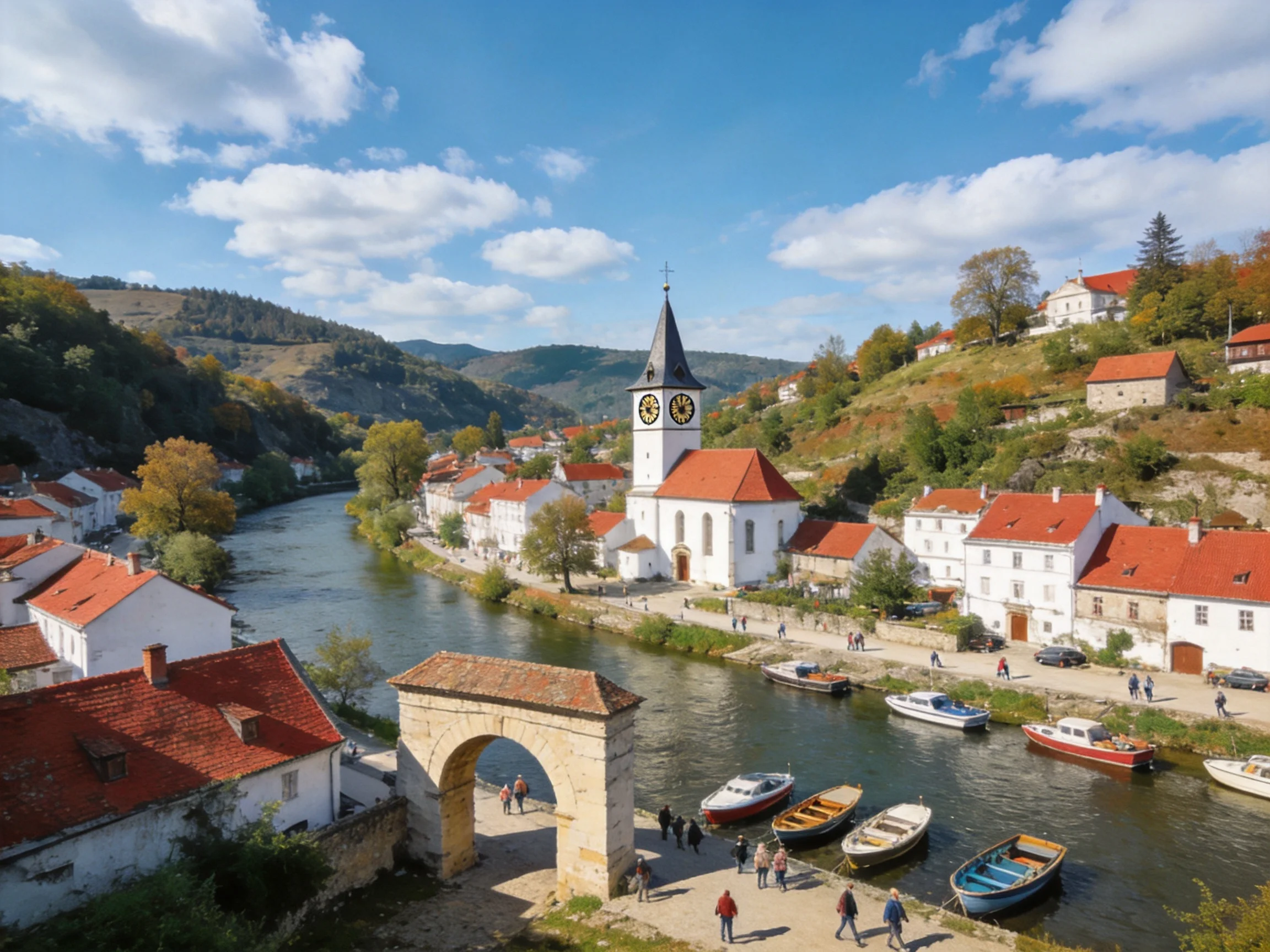 A picturesque riverside town with red-roofed buildings and a clock-towered church