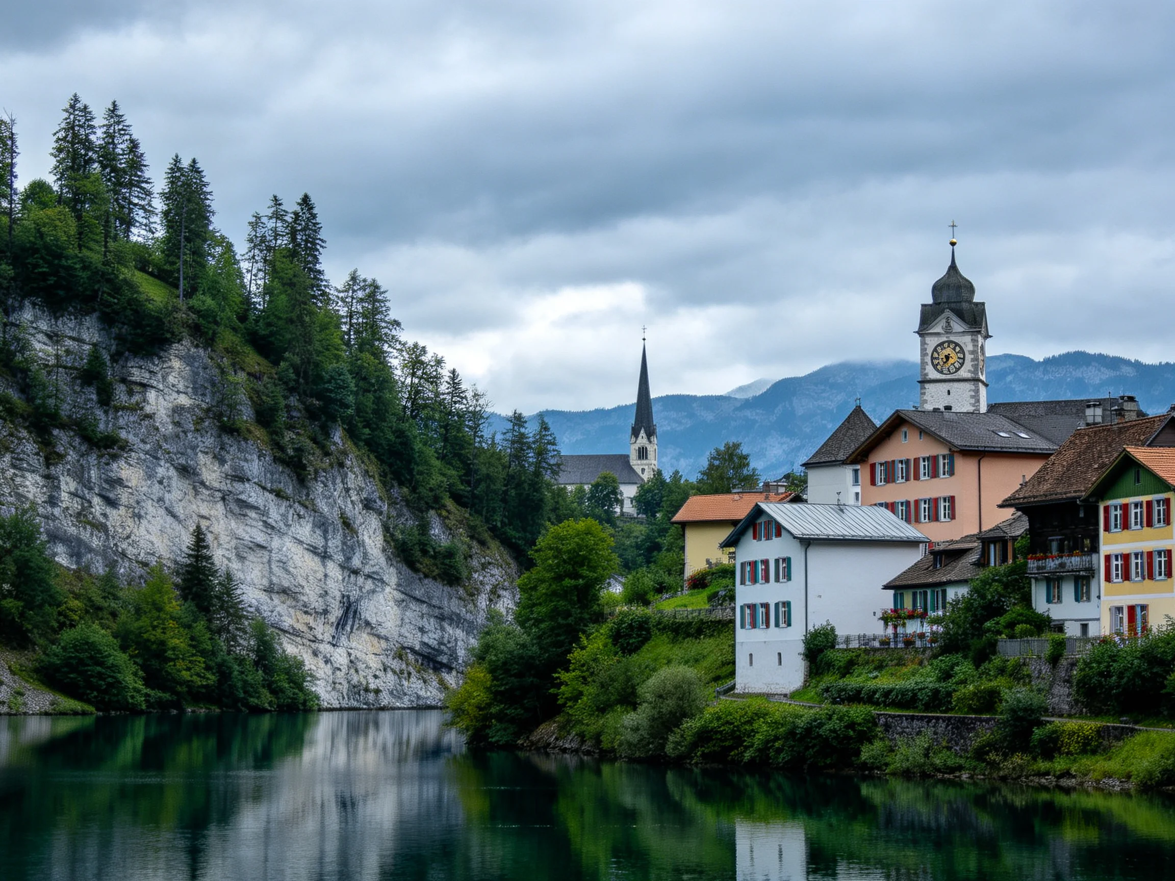 A picturesque village by a calm lake with rocky cliffs and church spires