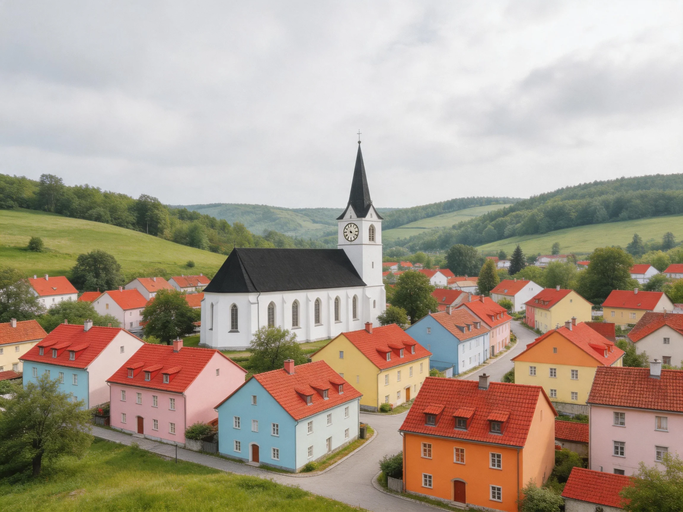 A picturesque village with colorful houses and a central white church