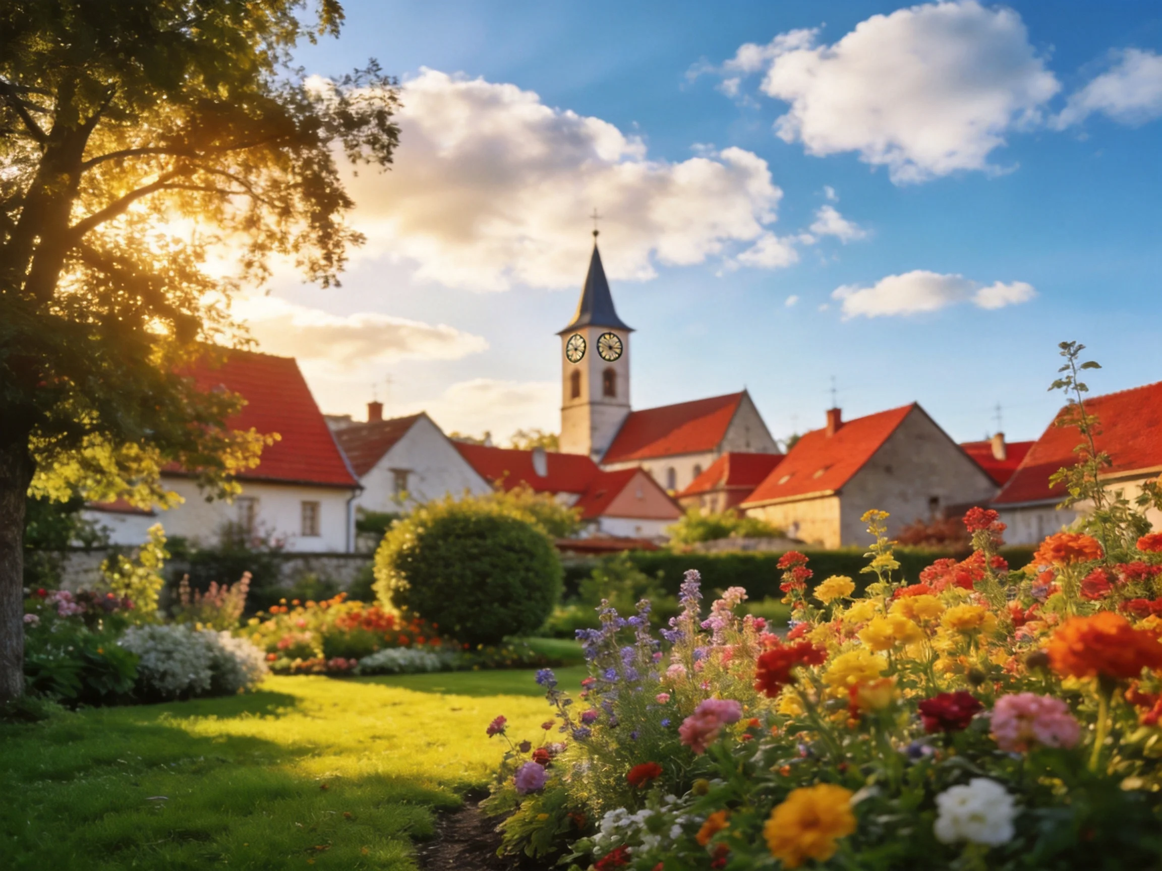 A picturesque village with vibrant flower gardens and red-tiled rooftops