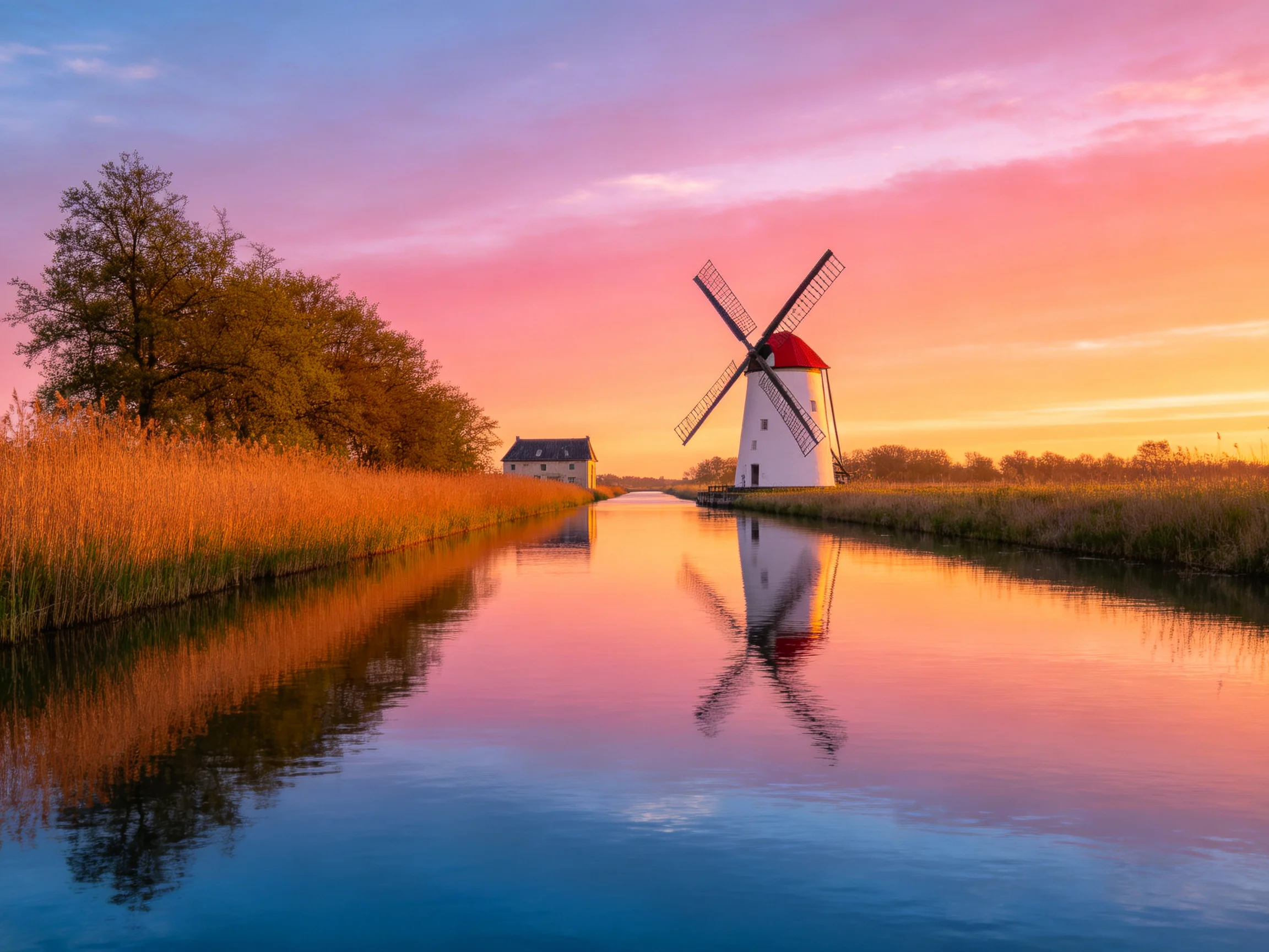 A picturesque windmill reflected in a vibrant sunset canal
