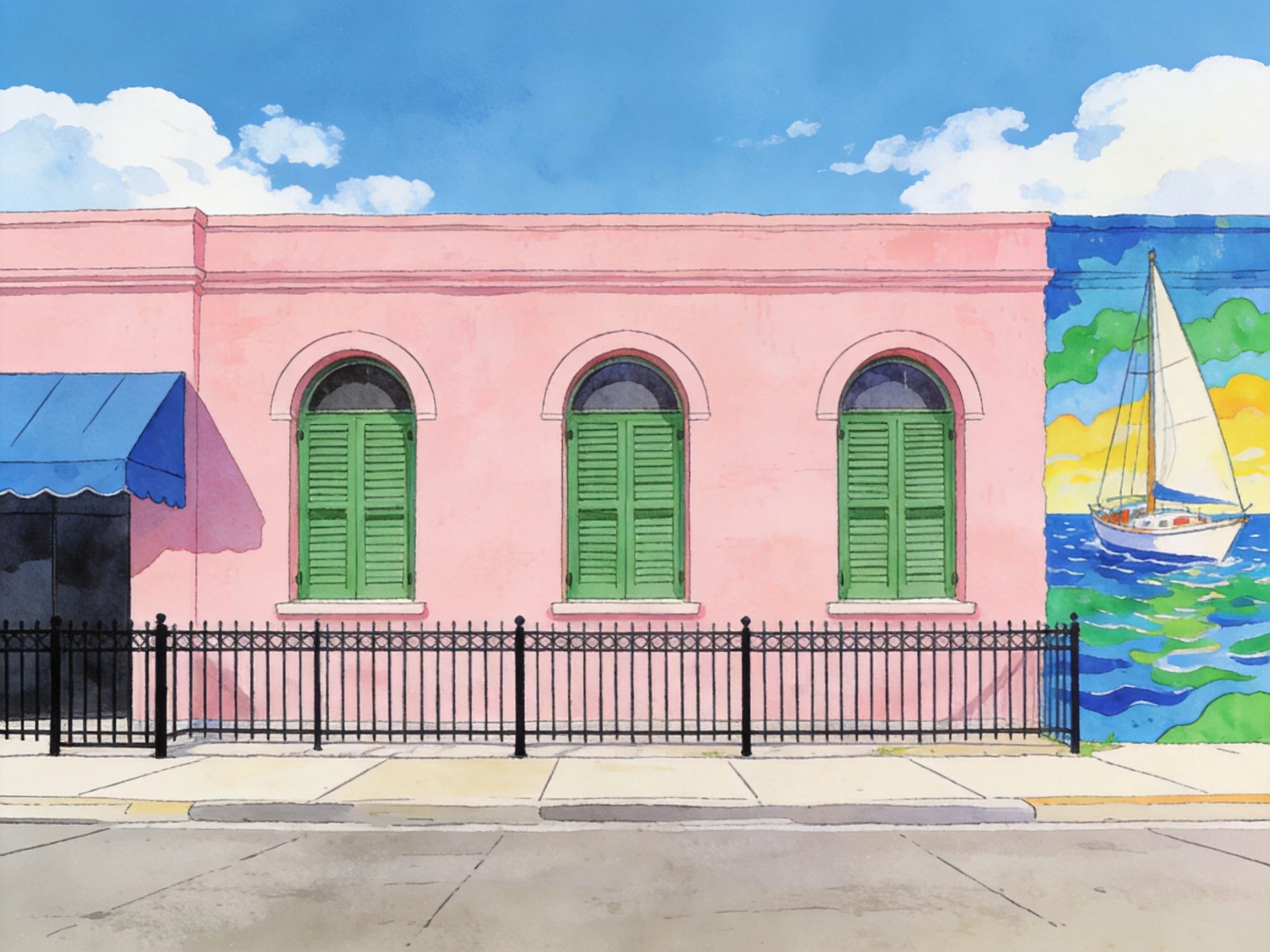 A pink building with three arched windows and a sailboat mural