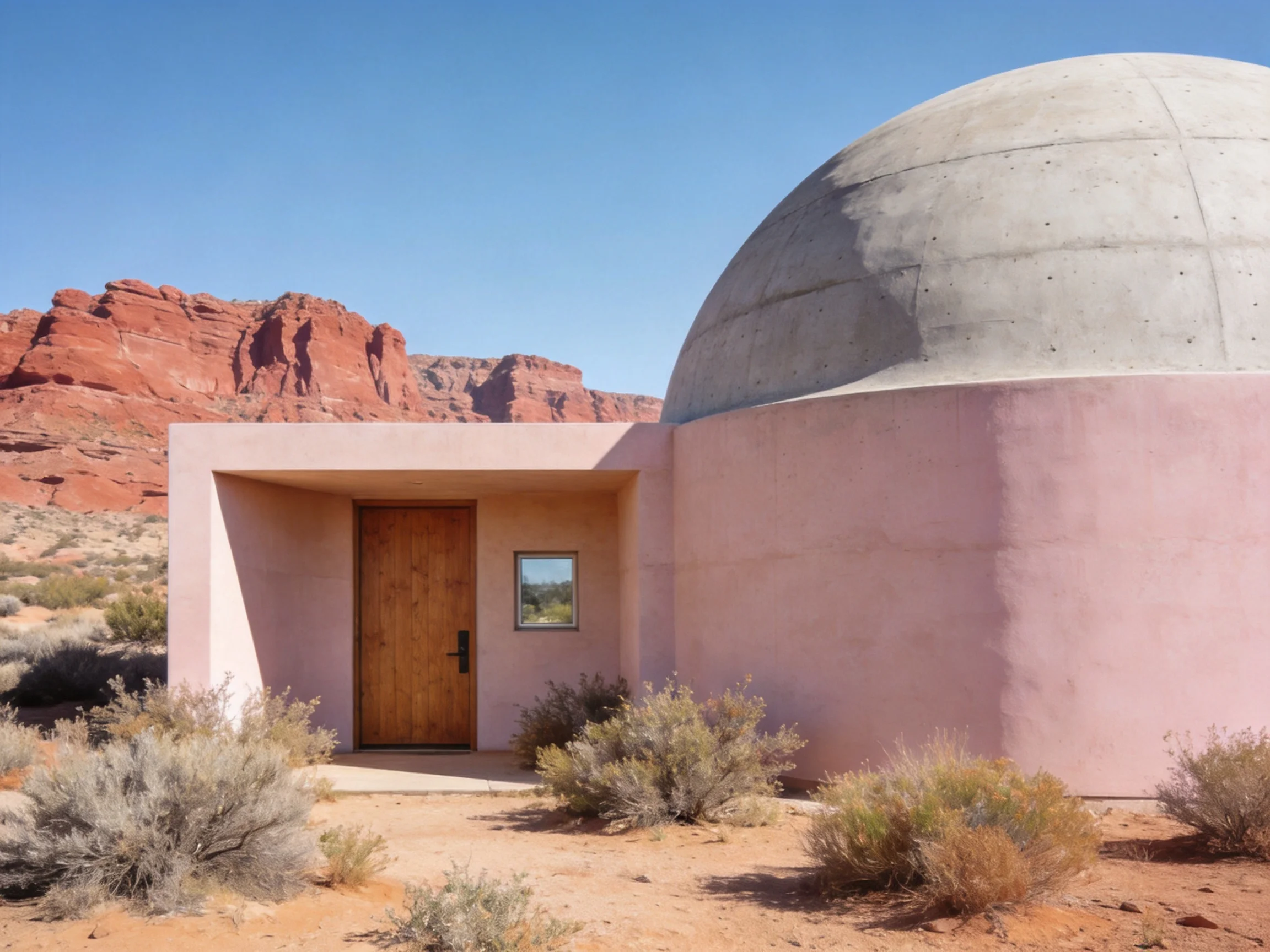 A pink domed structure near red rock formations