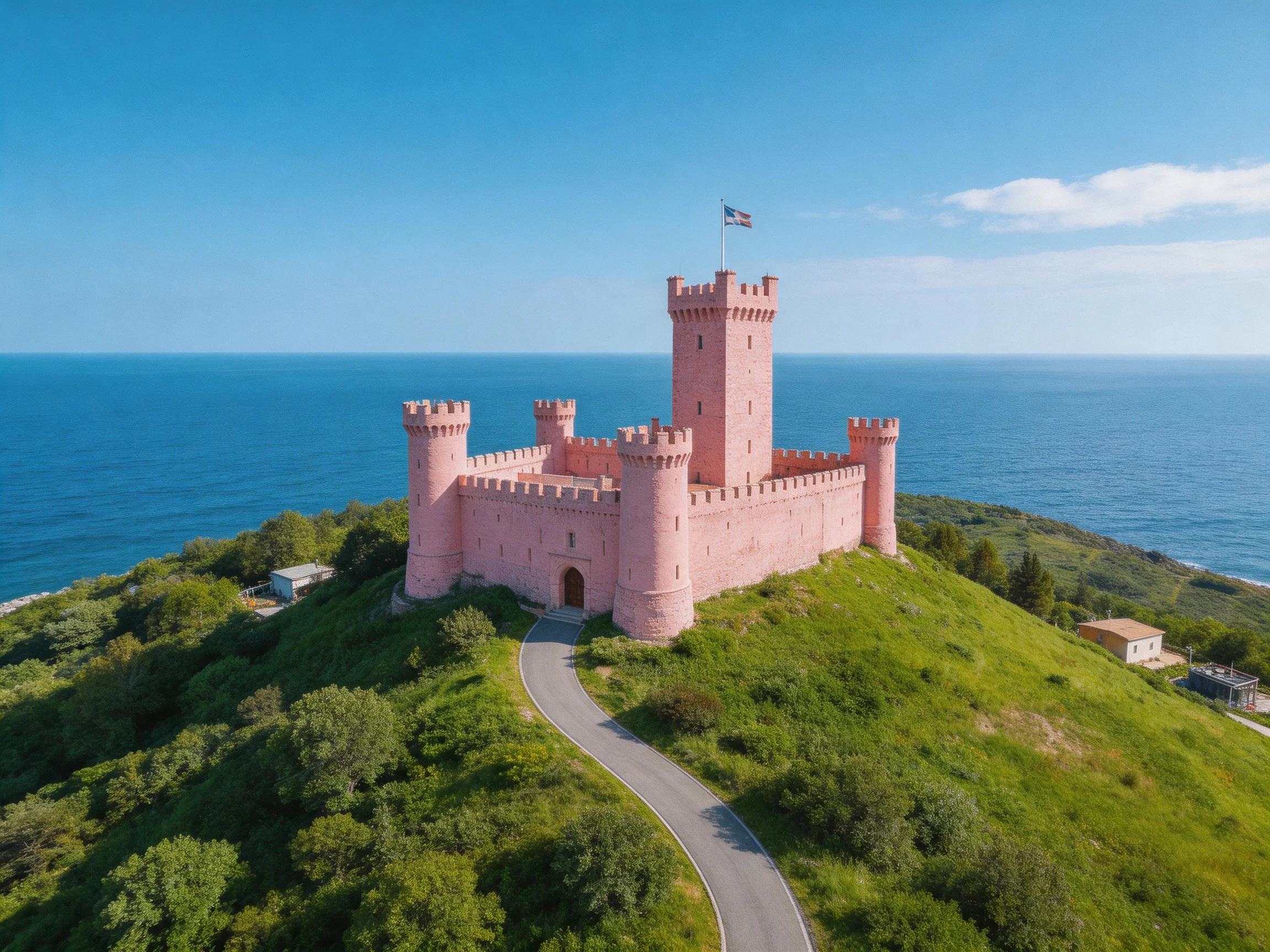 A pink medieval castle atop a lush coastal hill