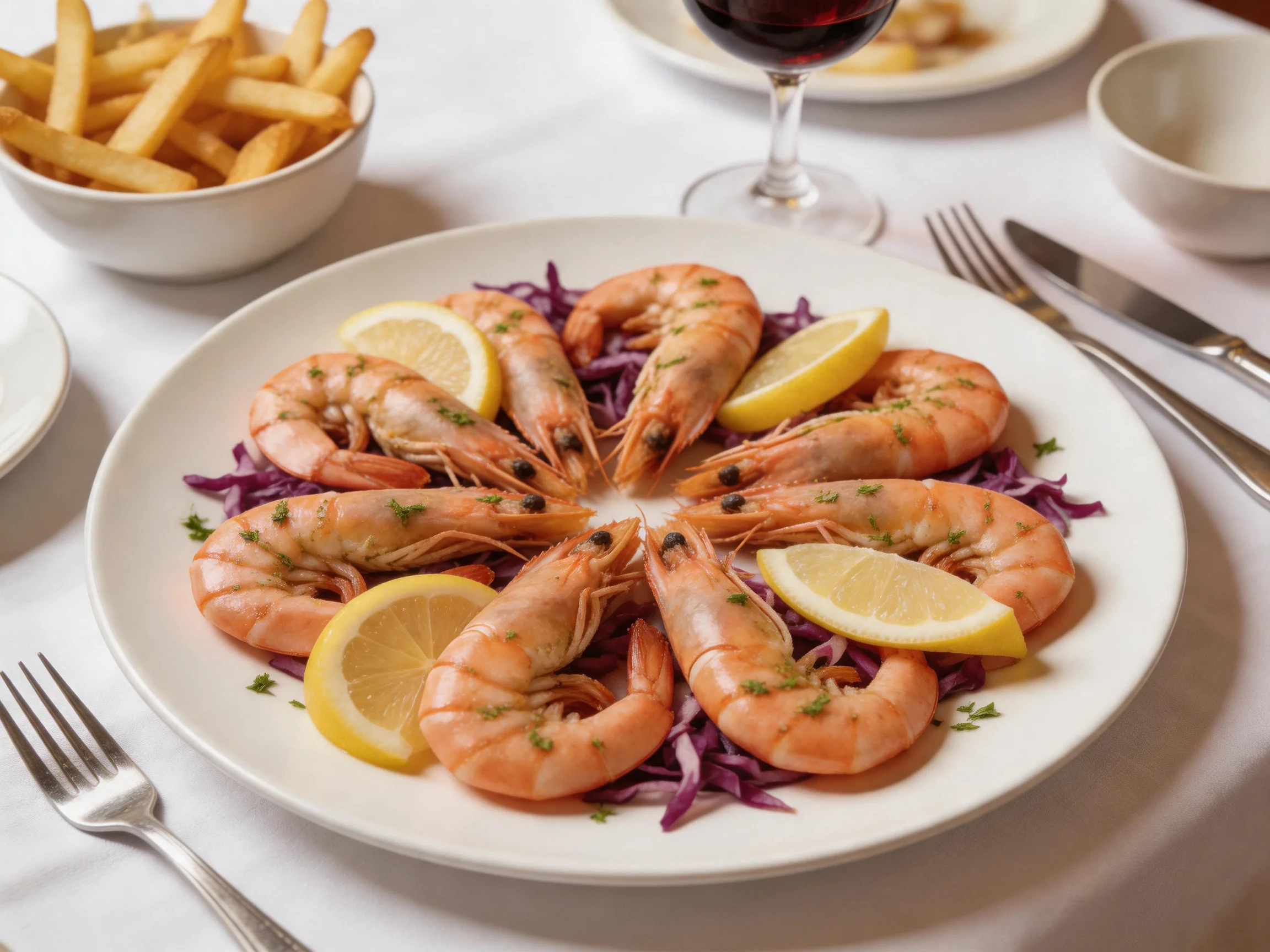 A plate of cooked shrimp with lemon slices and purple cabbage, served with fries and wine