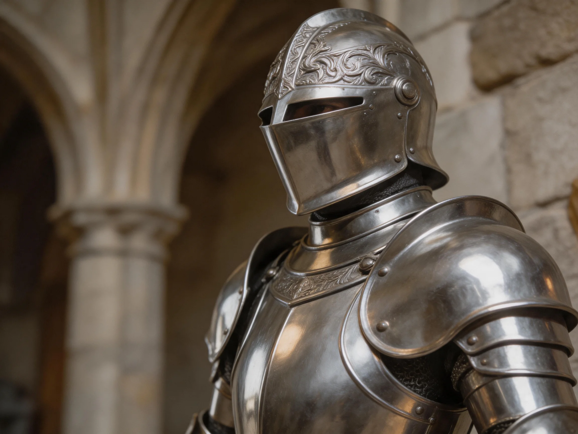 A polished silver medieval knight’s armor displayed in a stone-walled hall