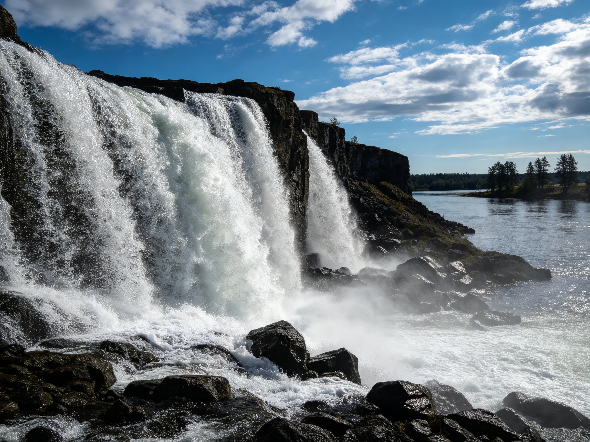 A powerful waterfall cascades over dark rocks into a misty pool