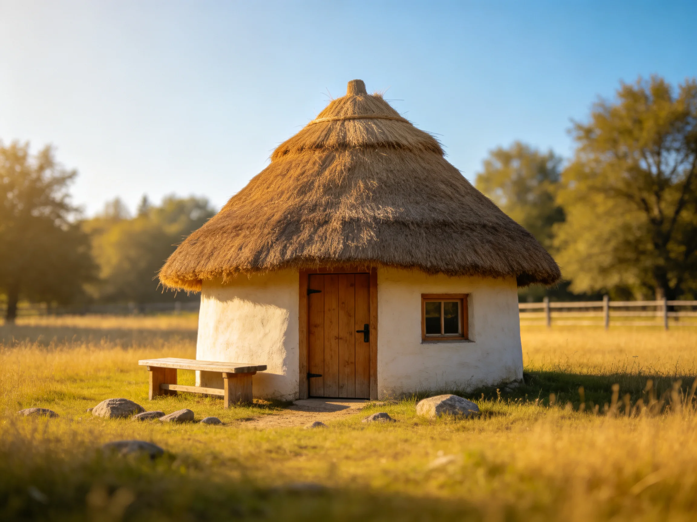 A quaint round thatched-roof cottage in golden fields
