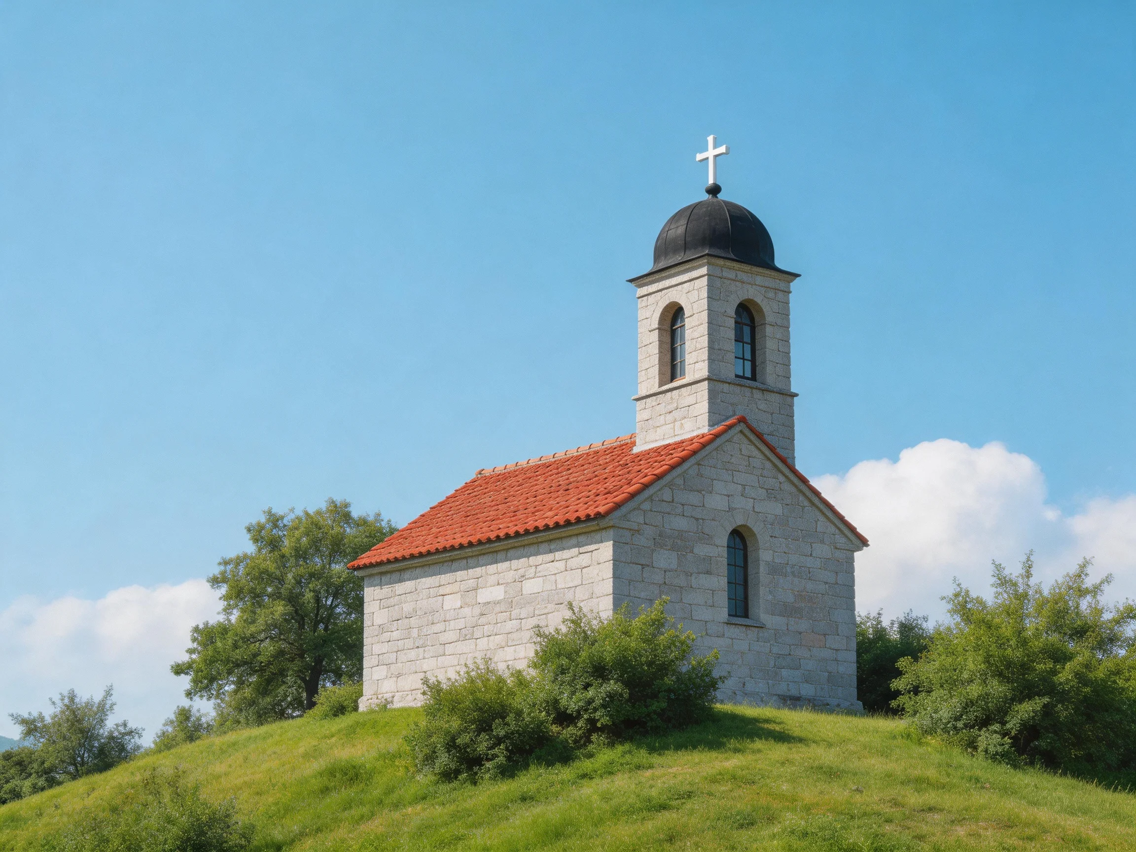 A quaint stone chapel with red tiles atop a grassy hill
