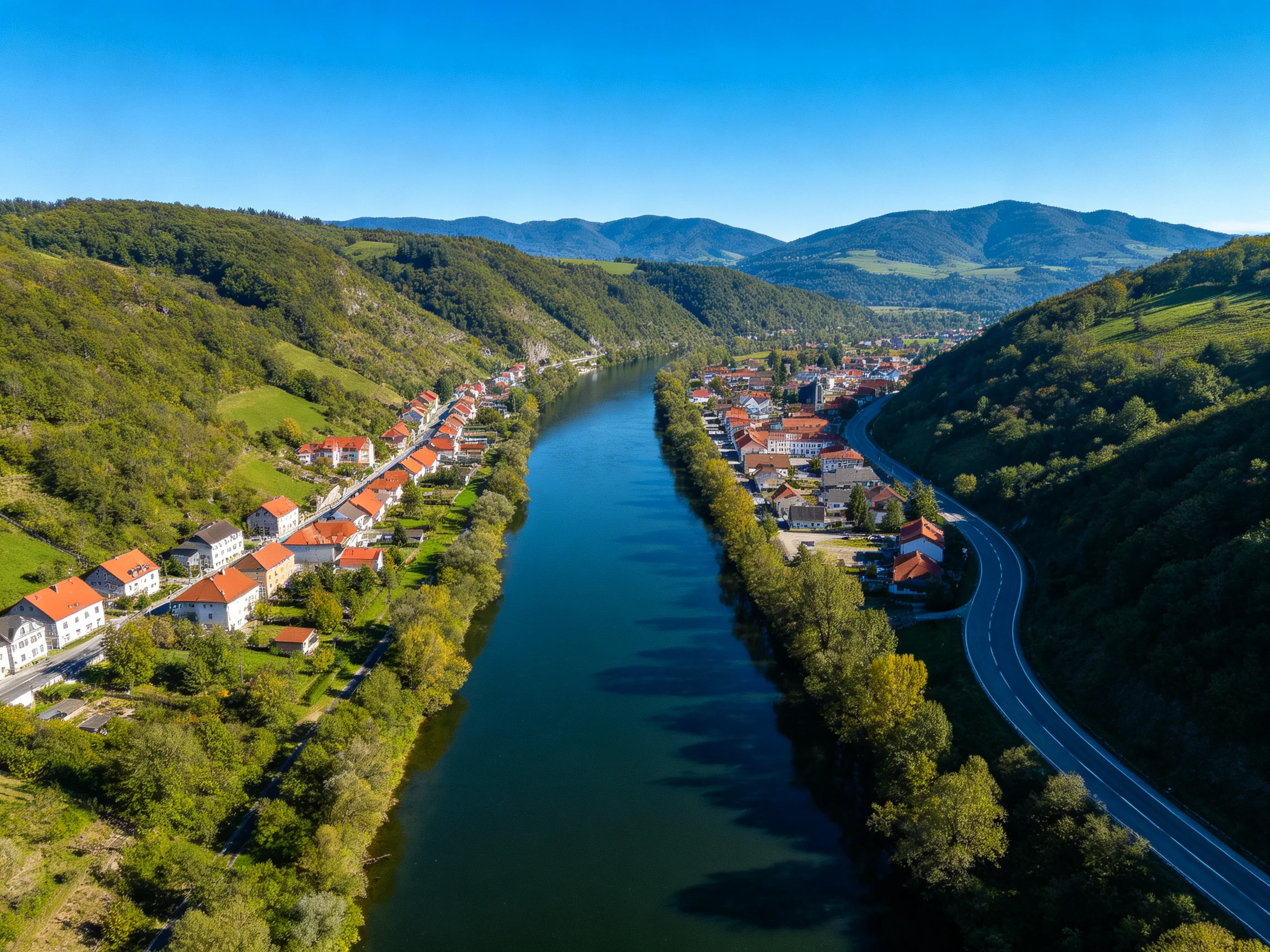 A quaint town with red-roofed buildings beside a narrow river