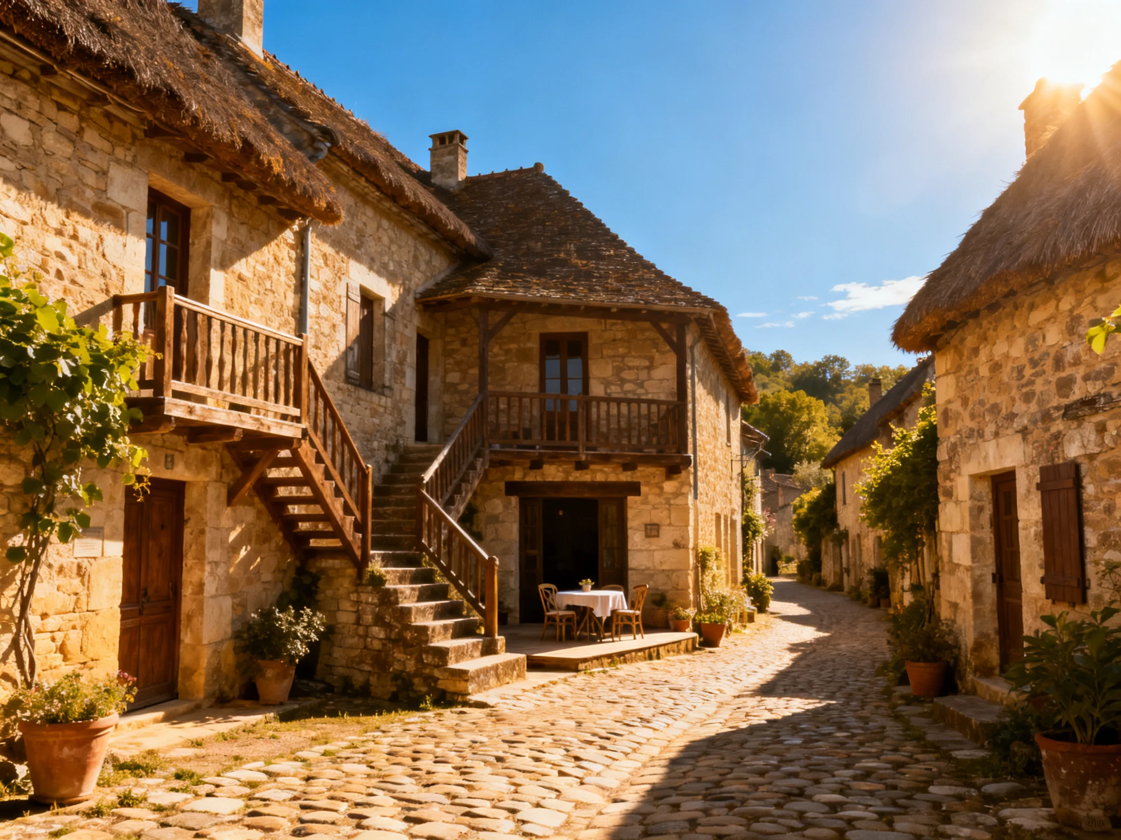 A quaint village scene with stone cottages and cobblestone streets