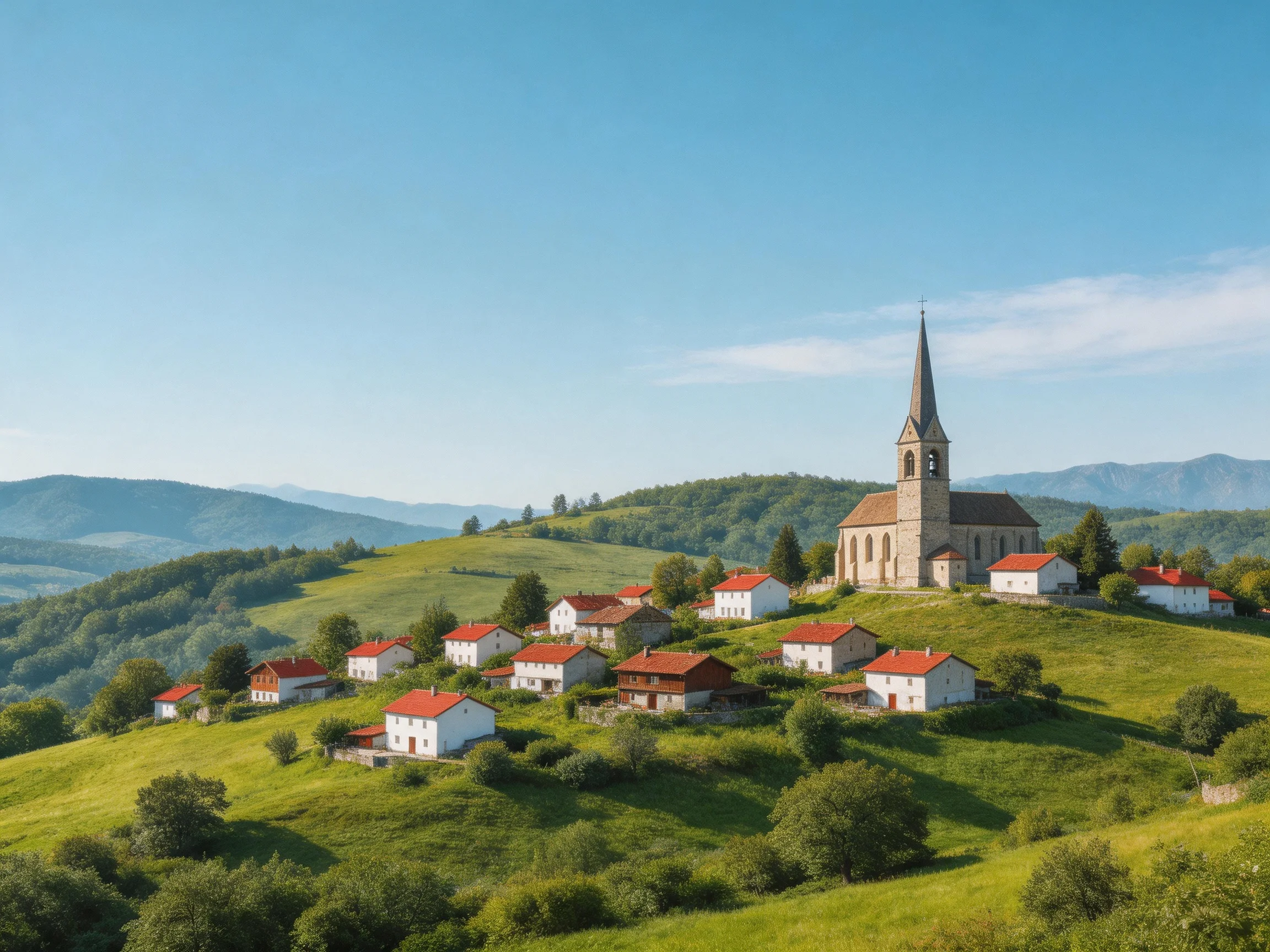A quaint village with red-roofed houses, a tall stone church, and rolling green hills