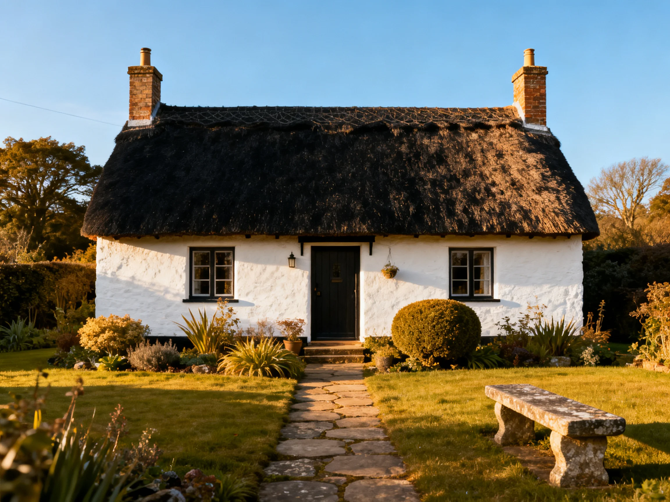A quaint white thatched-roof cottage in a lush garden