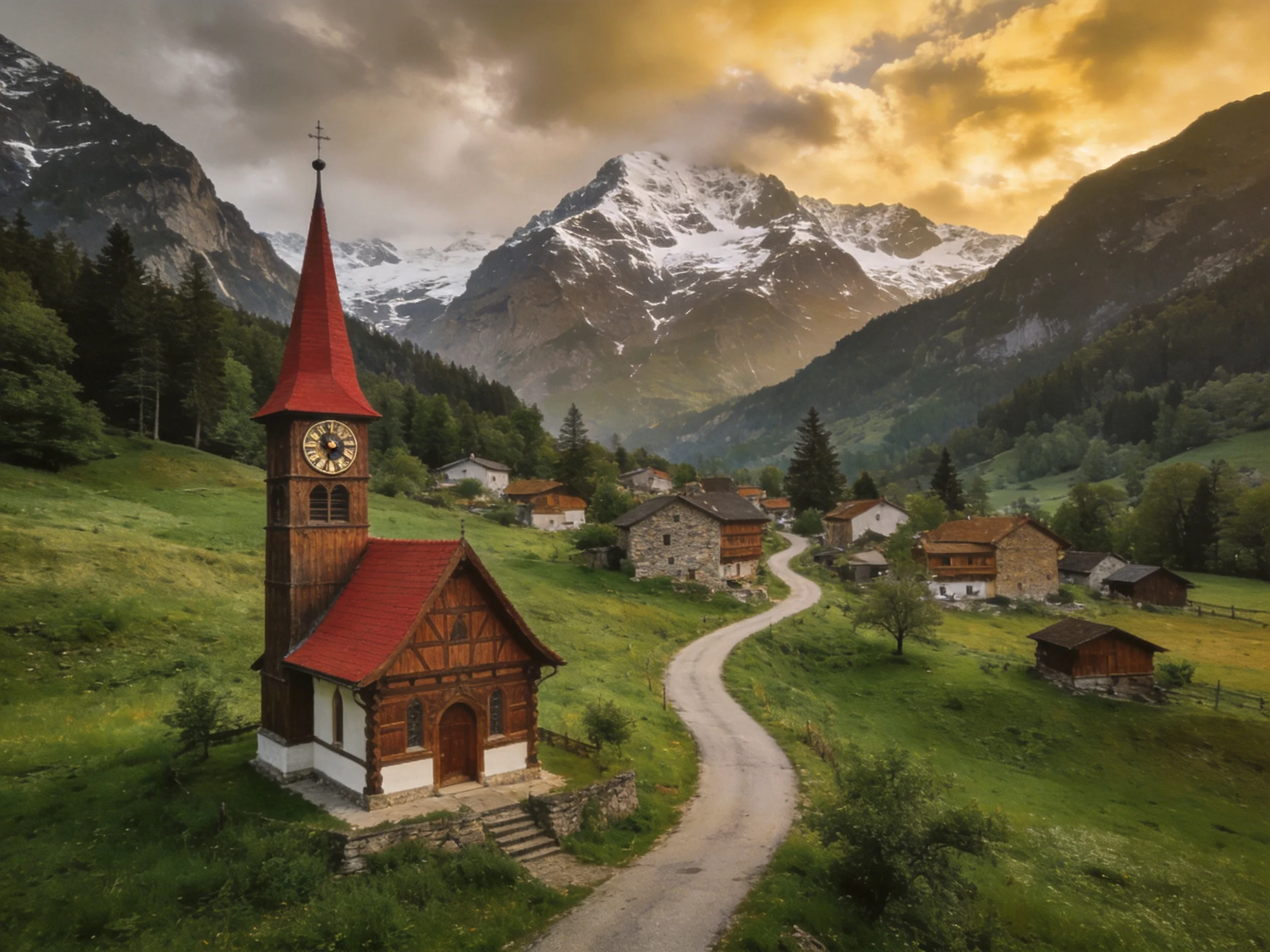 A quaint wooden church with red roofs near snow-capped mountains