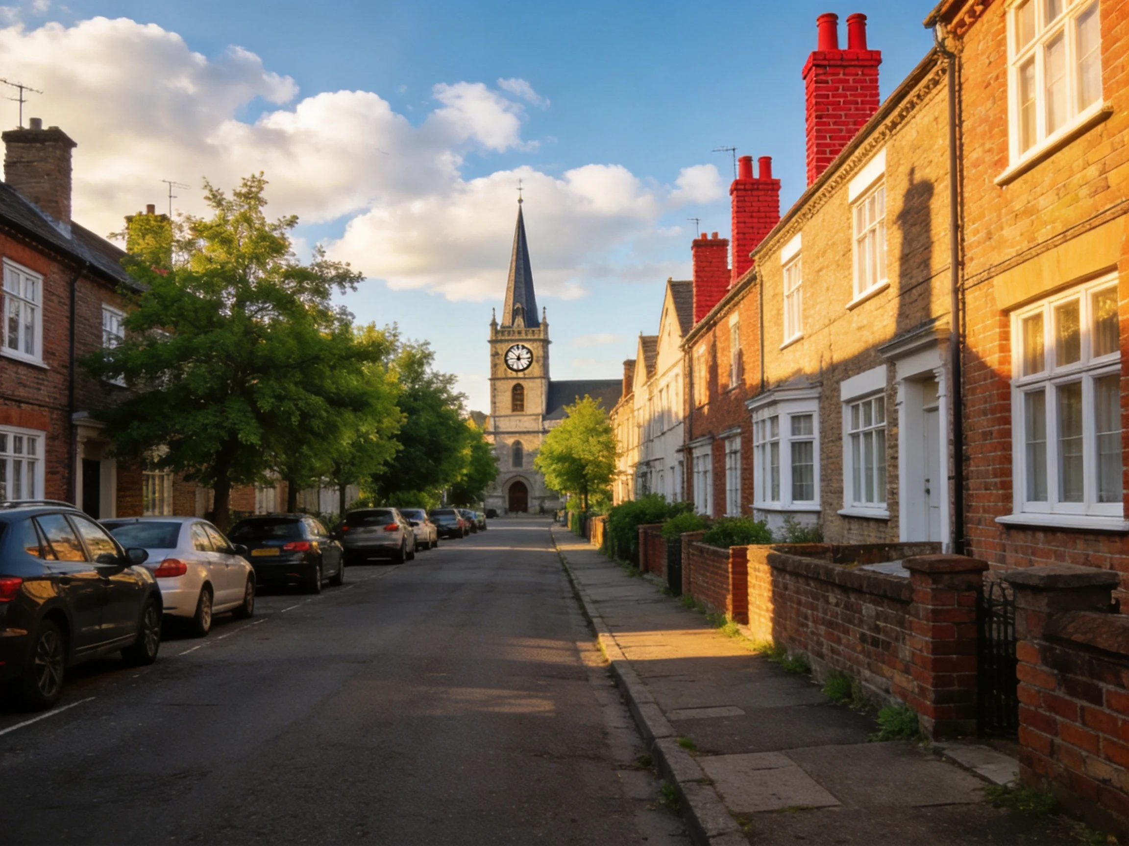 A quiet town street with brick homes, parked cars, and a tall clock tower