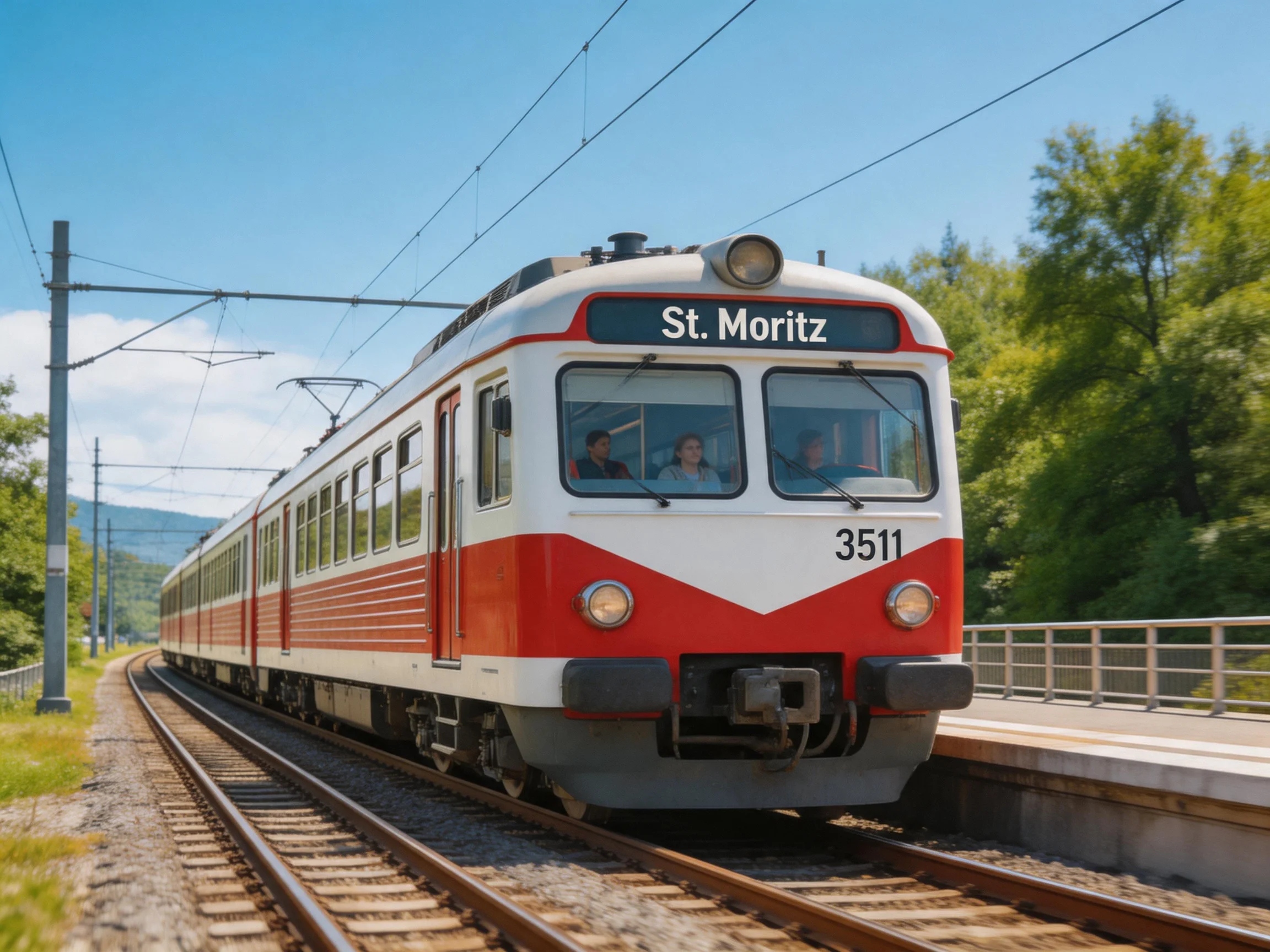 A red and white passenger train traveling toward St. Moritz