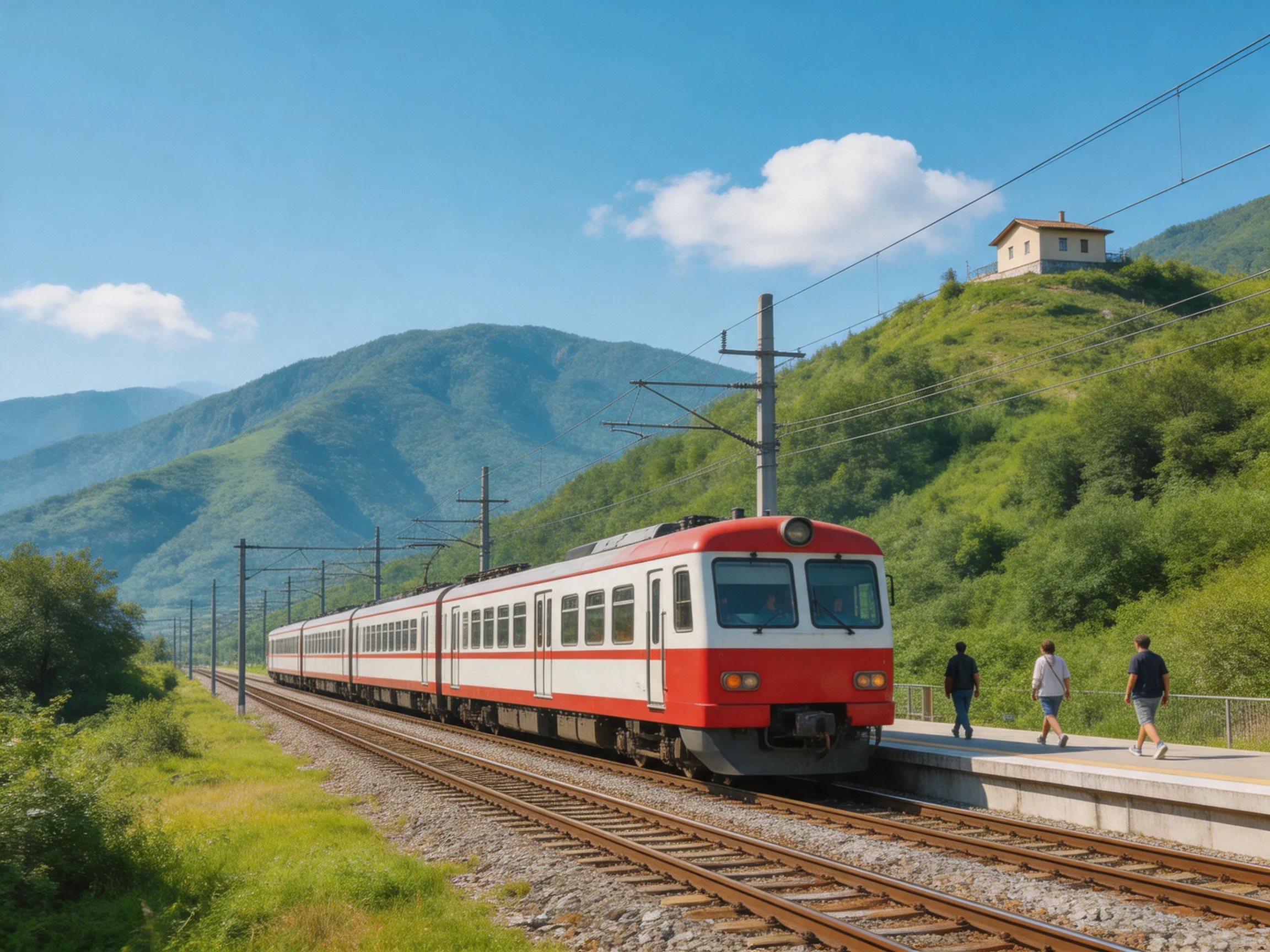 A red and white passenger train travels near lush green hills