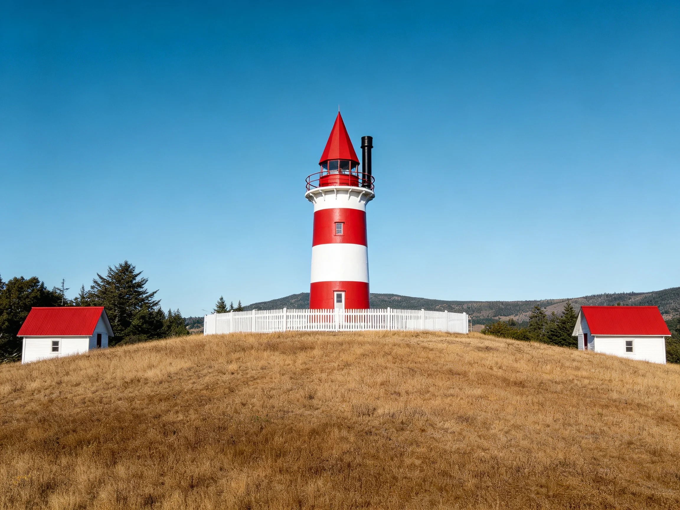 A red and white striped lighthouse atop a golden hill with matching cottages