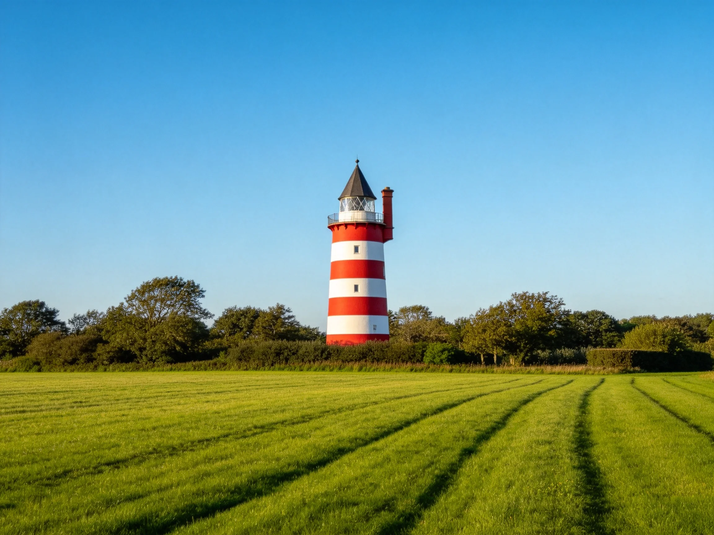 A red-and-white striped lighthouse overlooks a lush green field under a clear blue sky