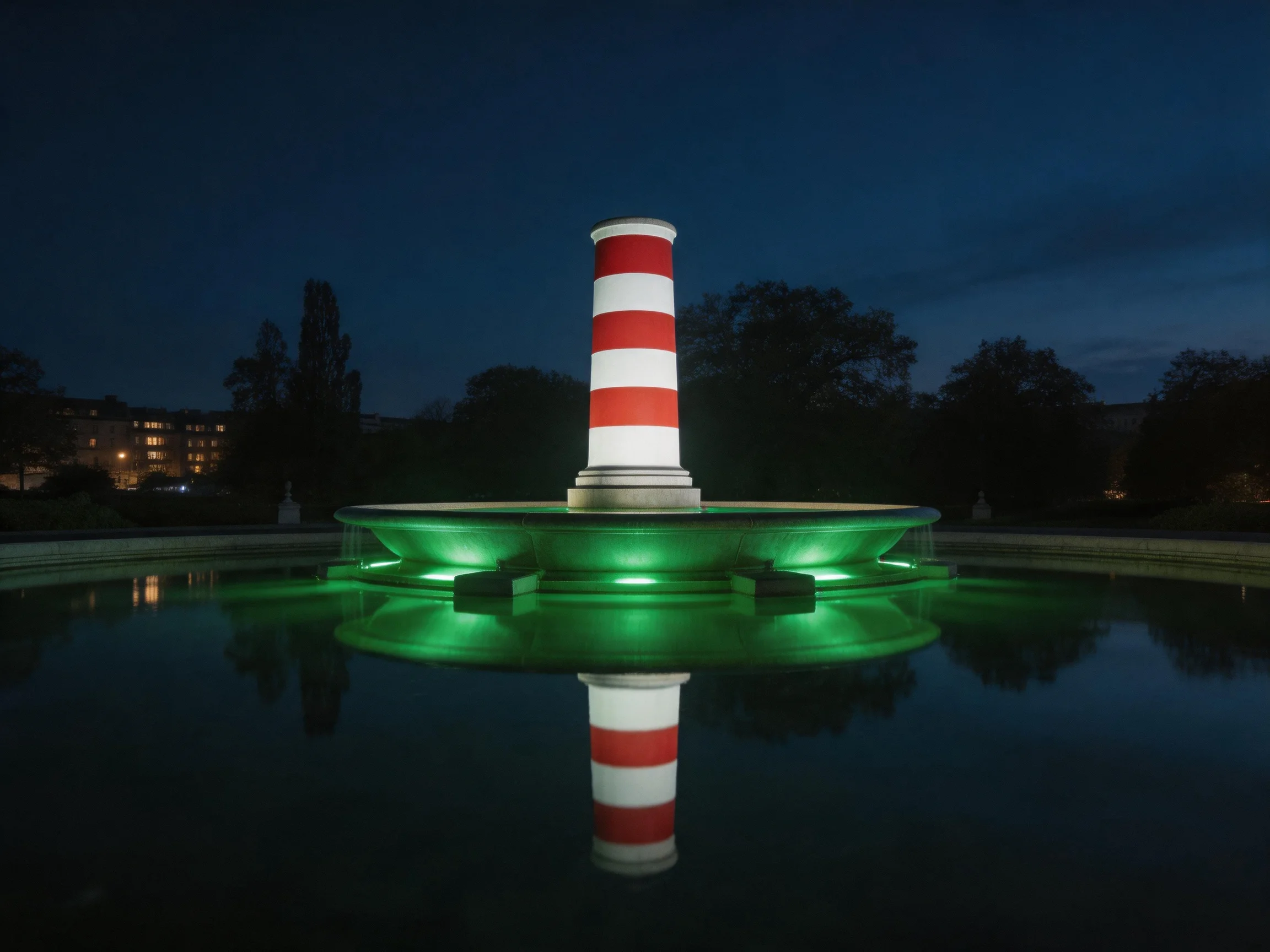A red-and-white striped tower illuminated by green lights over reflective water