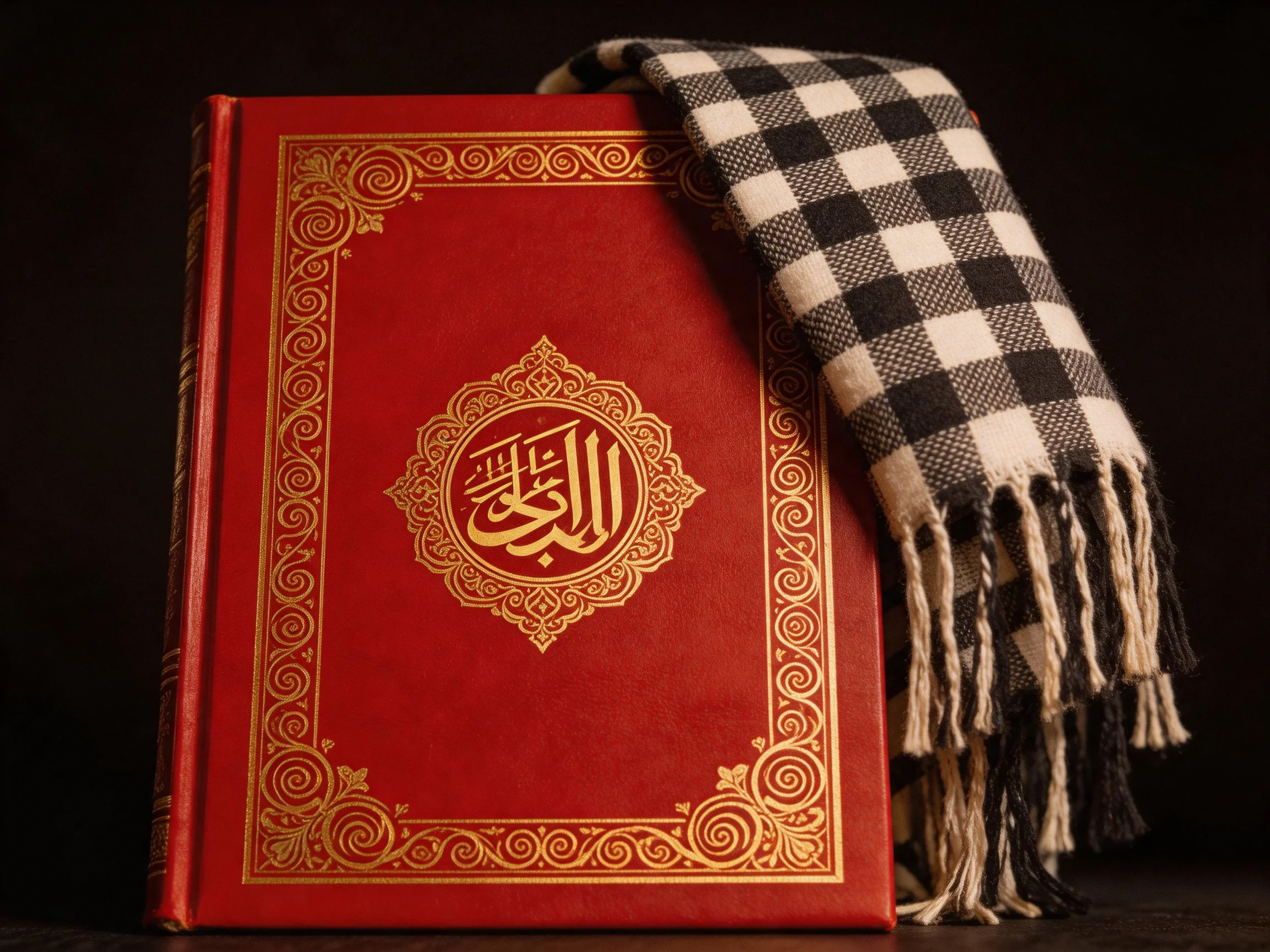 A red book with golden decorative borders and a checkered scarf