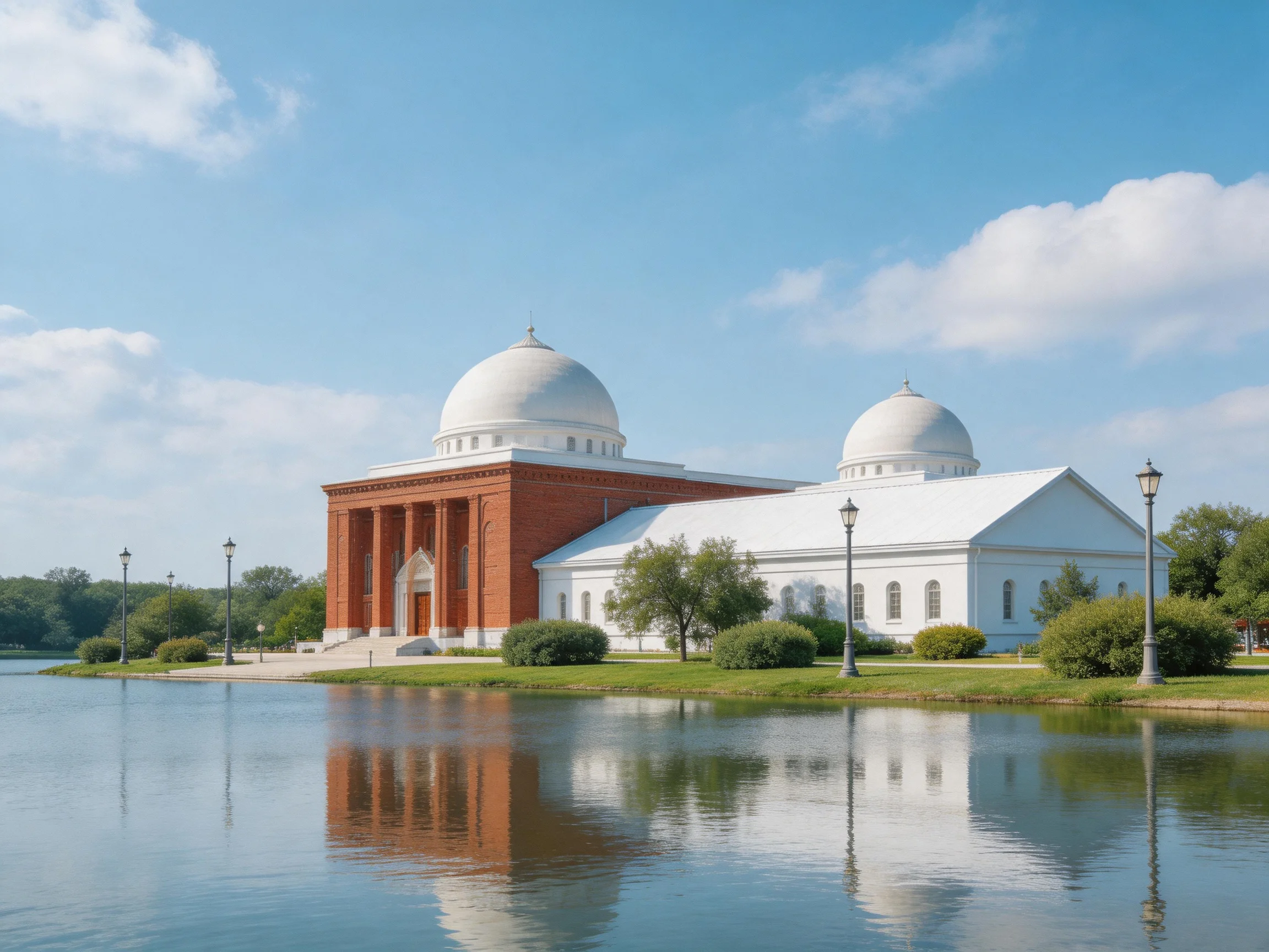 A red-brick and white domed building reflects in calm water under sunny skies