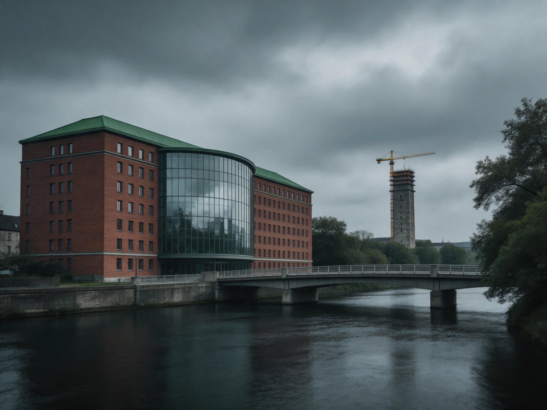 A red-brick building with green roof by a calm river and construction crane
