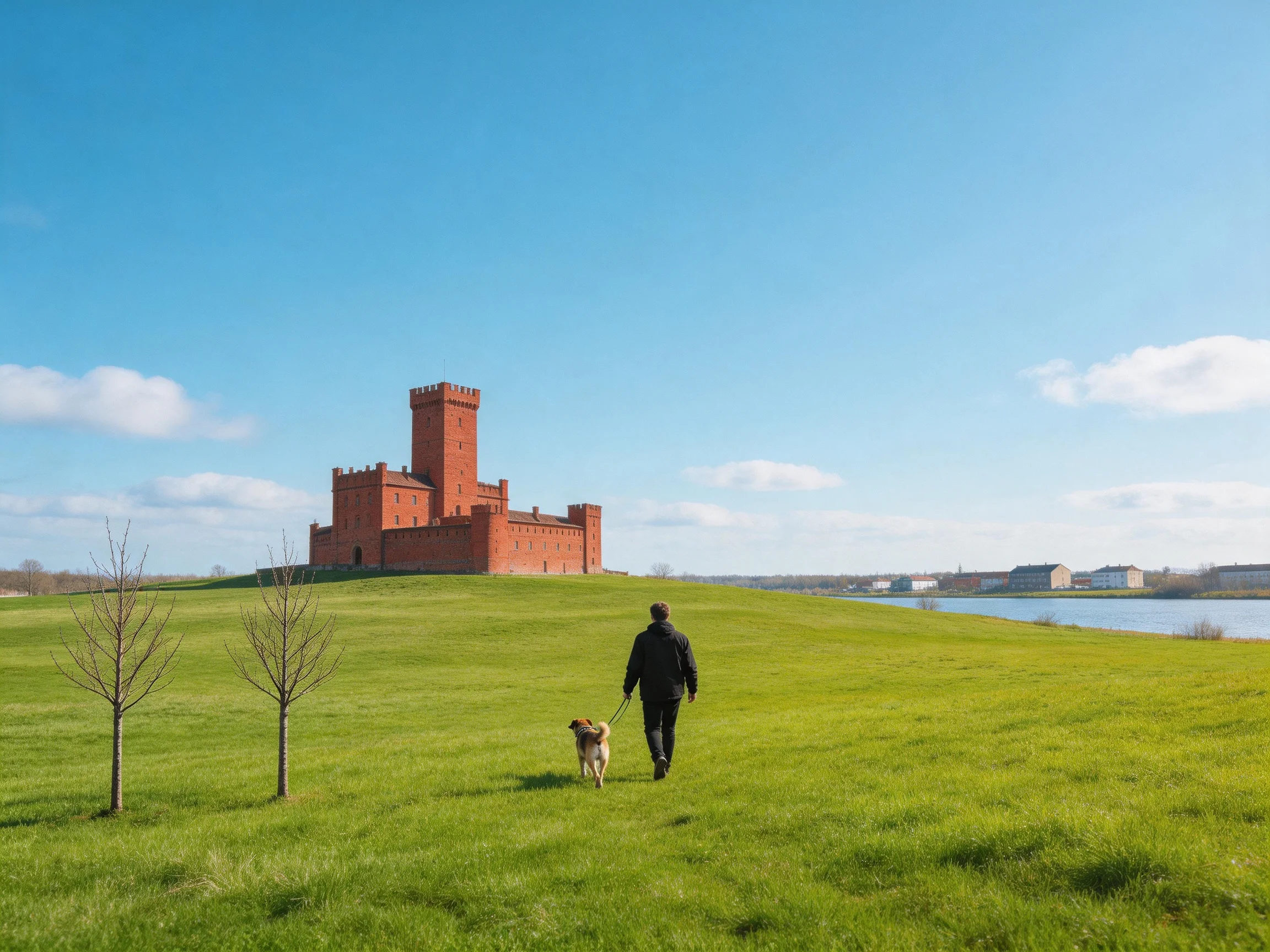A red brick castle overlooks a lush green field with a walker and dog
