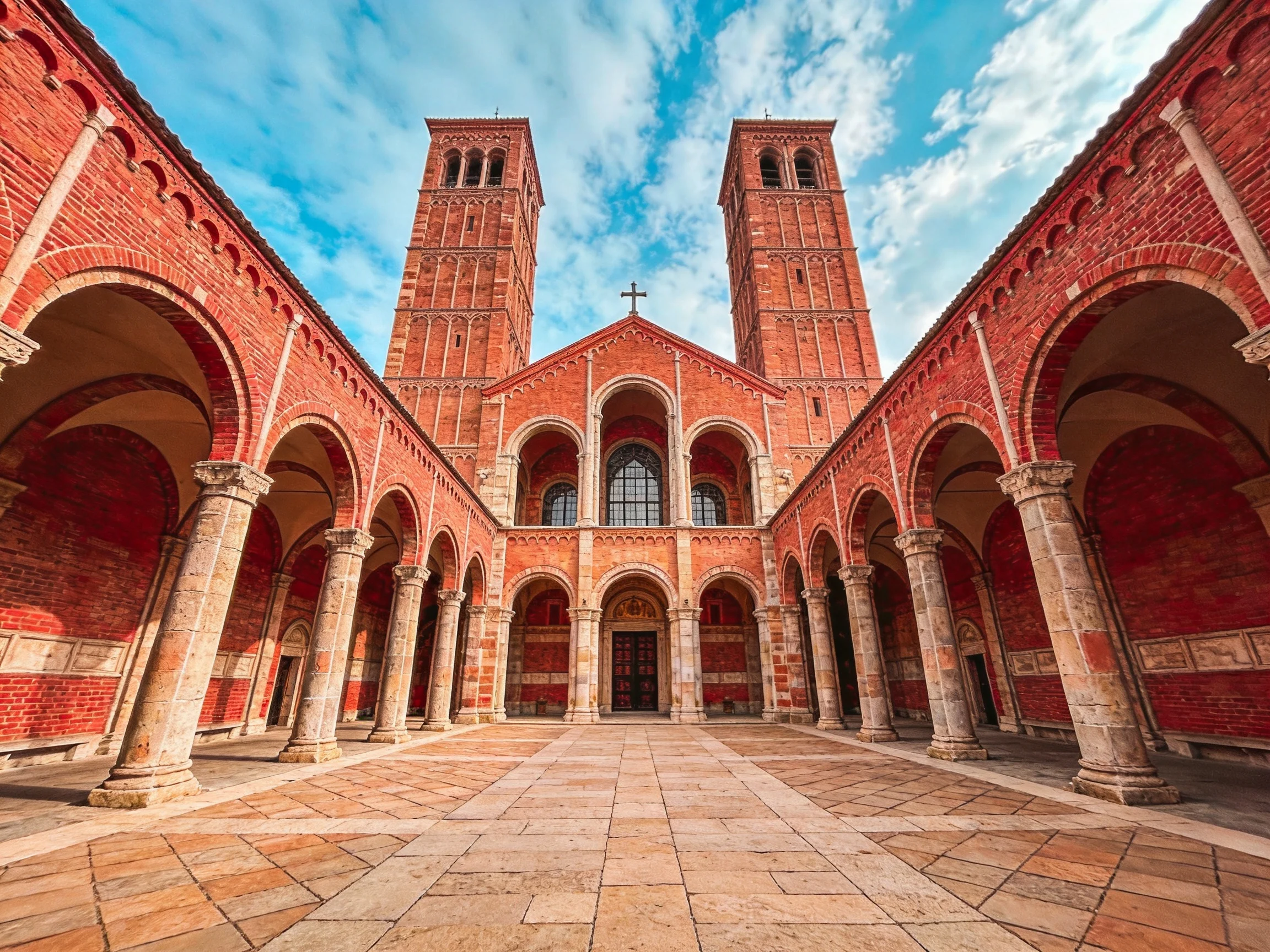 A red-brick church with two tall towers and arched courtyards