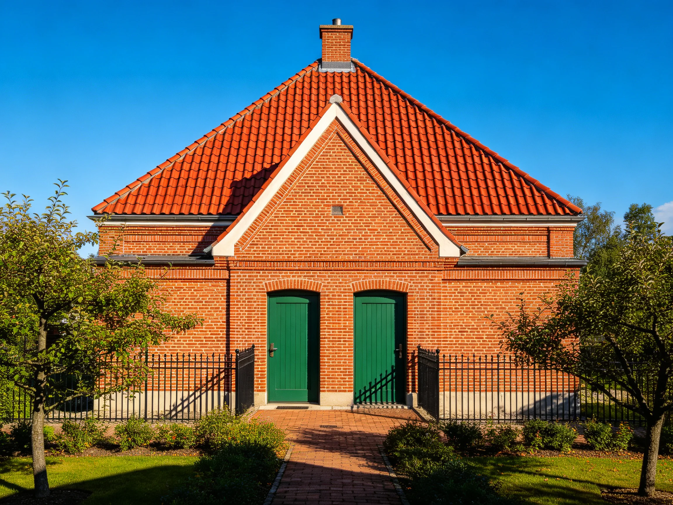 A red-brick house with a red tile roof and green doors