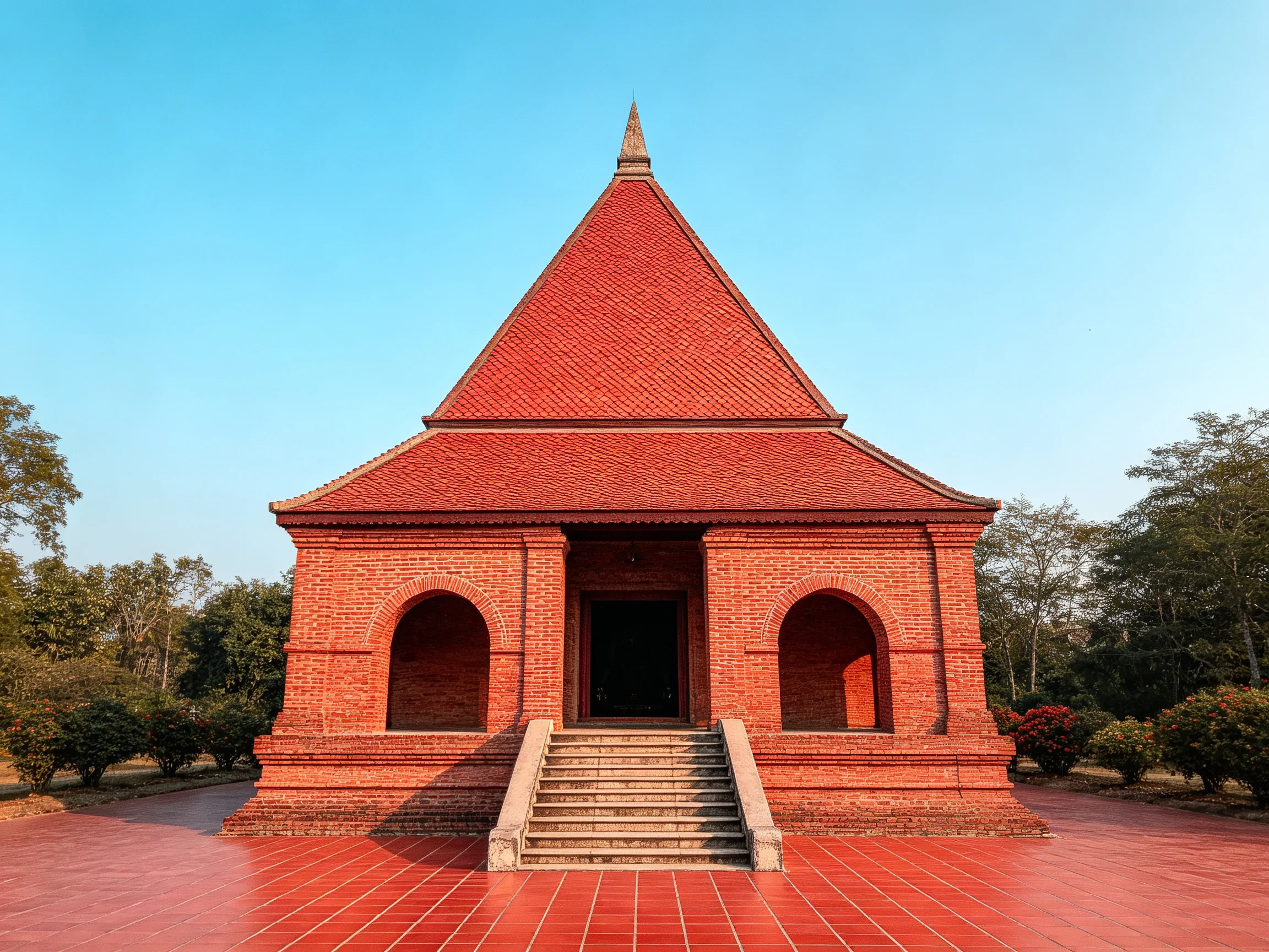 A red-brick temple with triangular roof and stone stairs