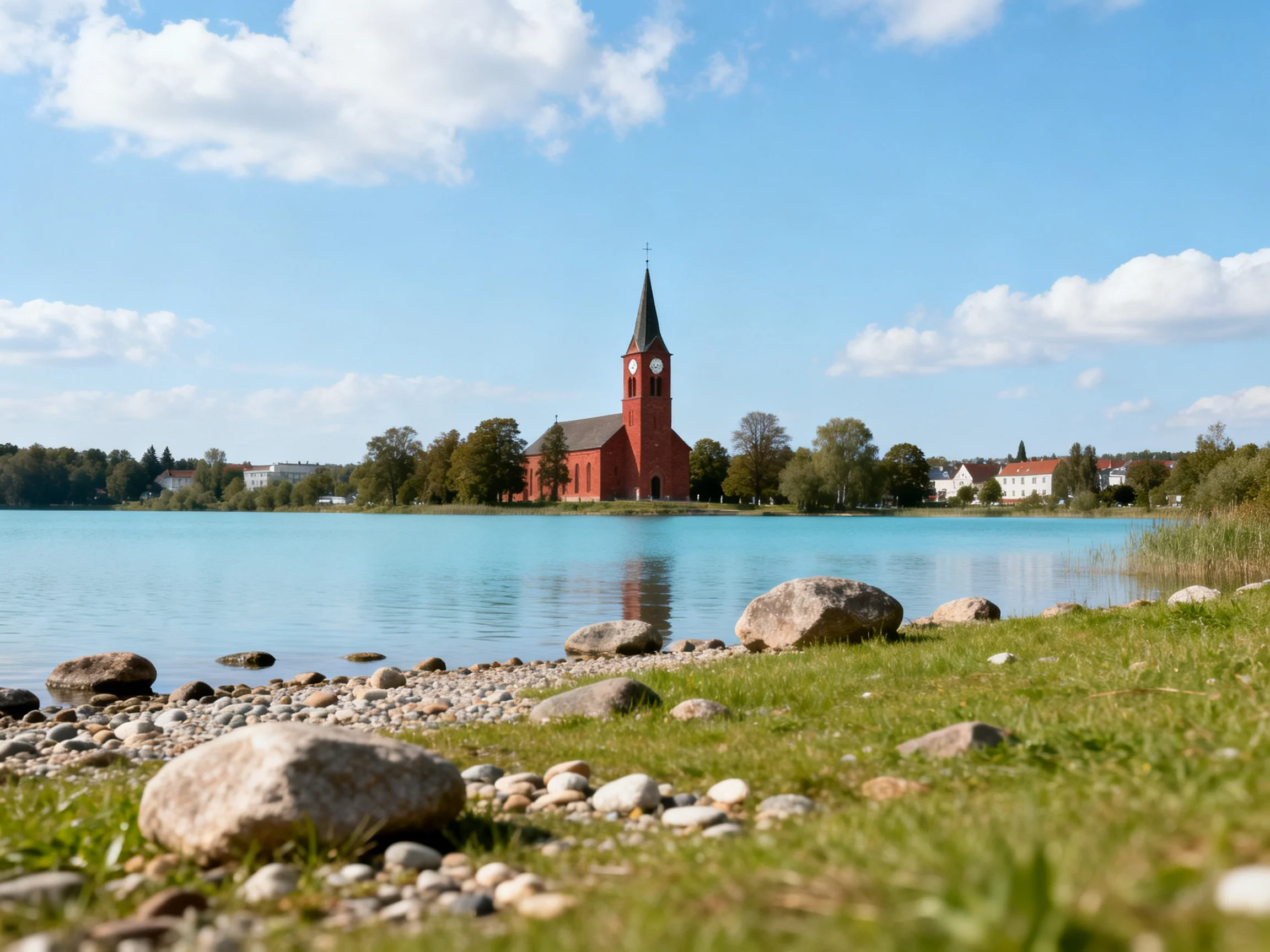 A red church with a tall tower near a calm blue lake