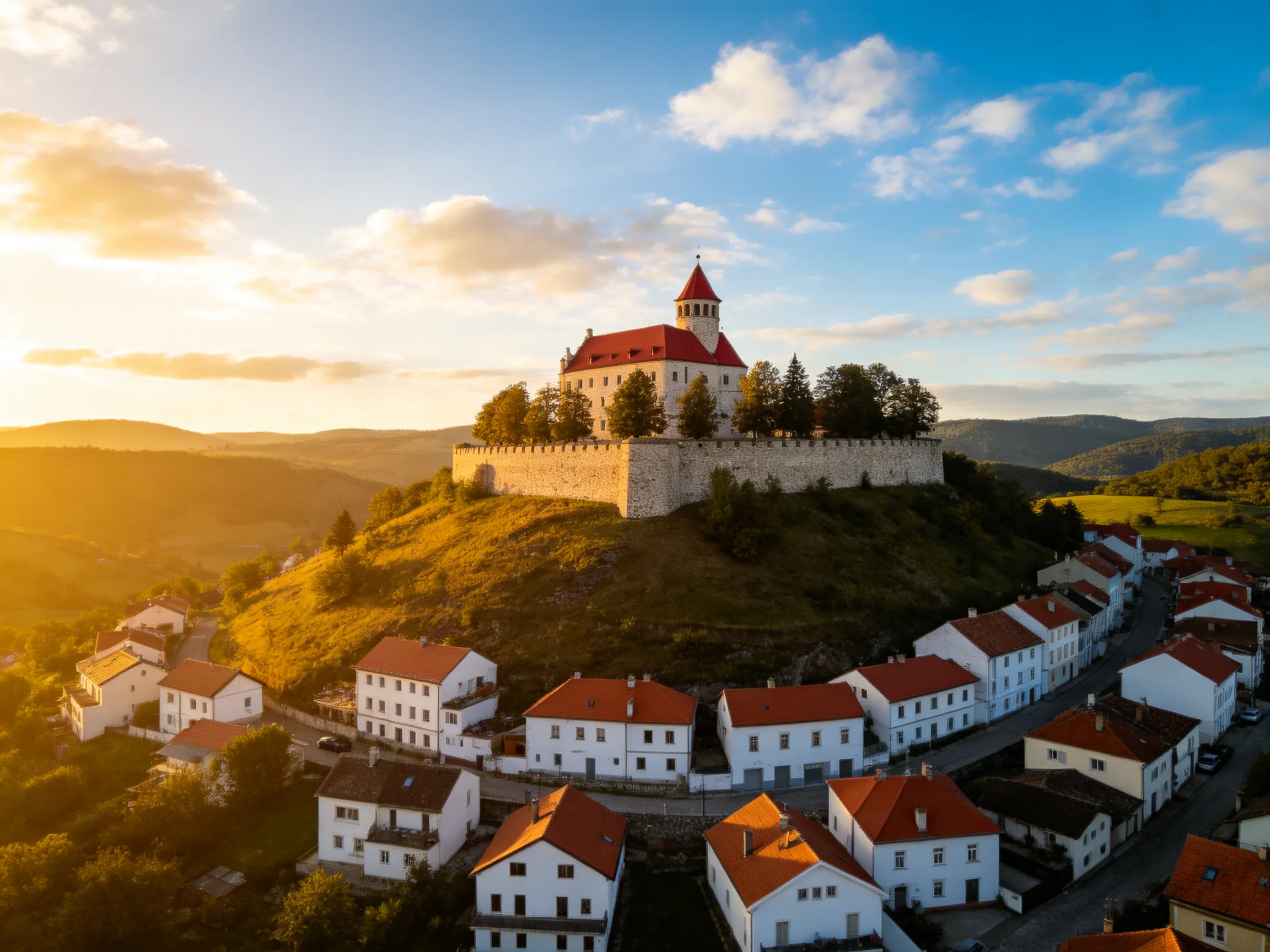 A red-roofed castle atop a hill with white residential buildings
