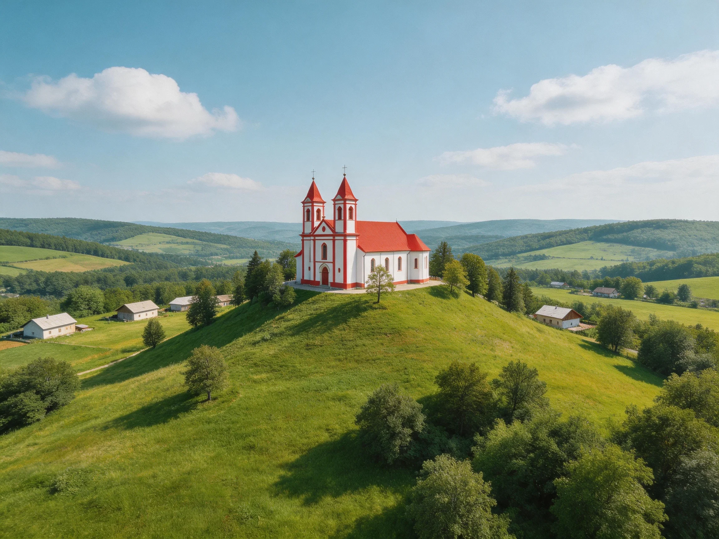 A red-roofed church atop a lush green hill with scattered buildings