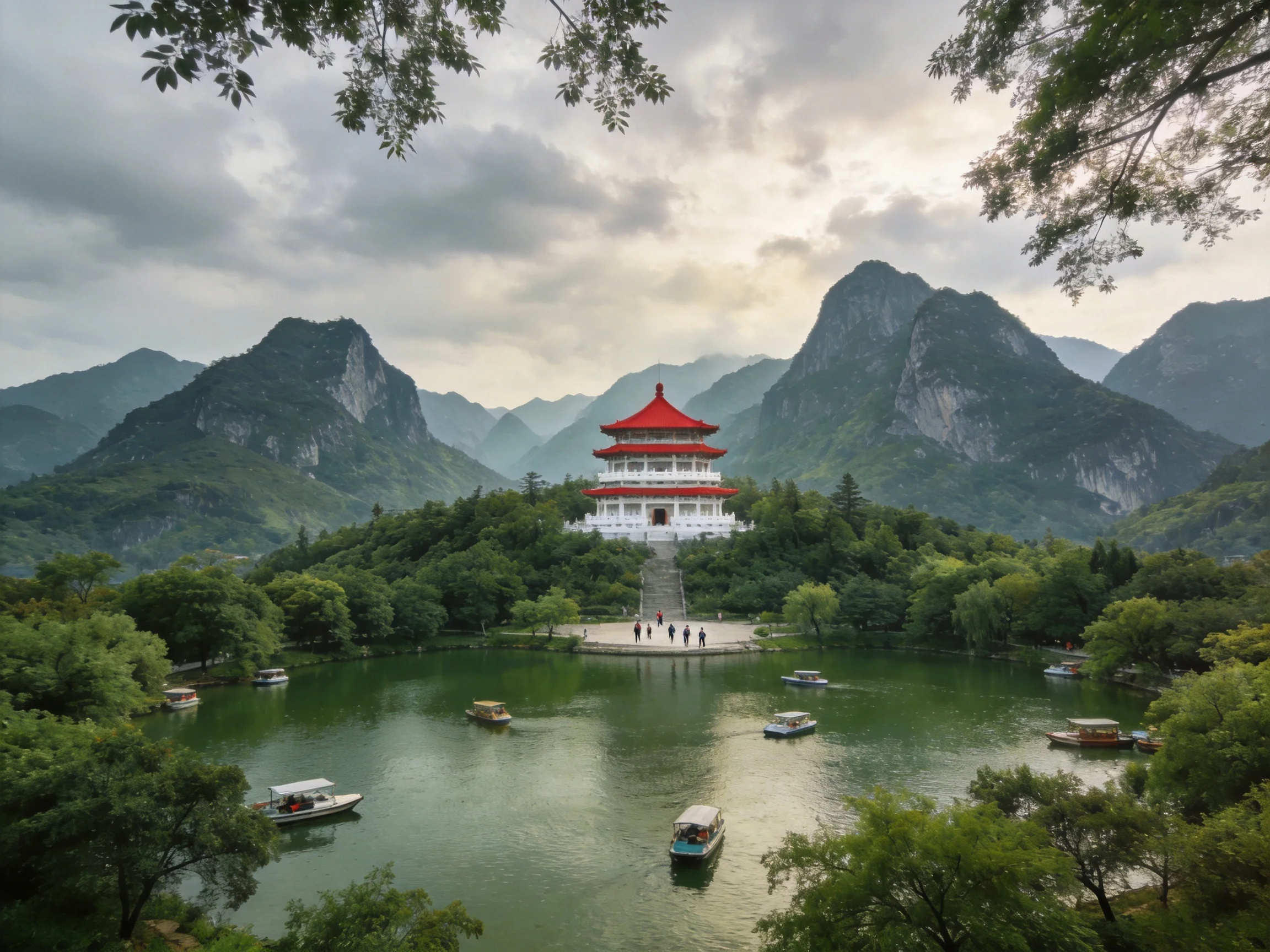 A red - roofed pagoda stands amid lush green mountains and calm waters